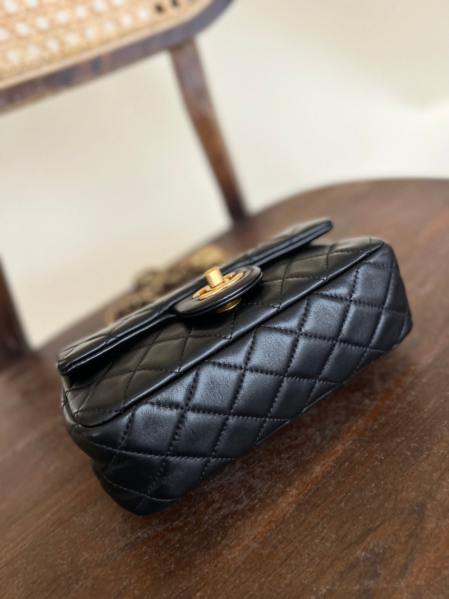 CHANEL BLACK MINI SQUARE LAMBSKIN QUILTED FLAP SILVER HARDWARE