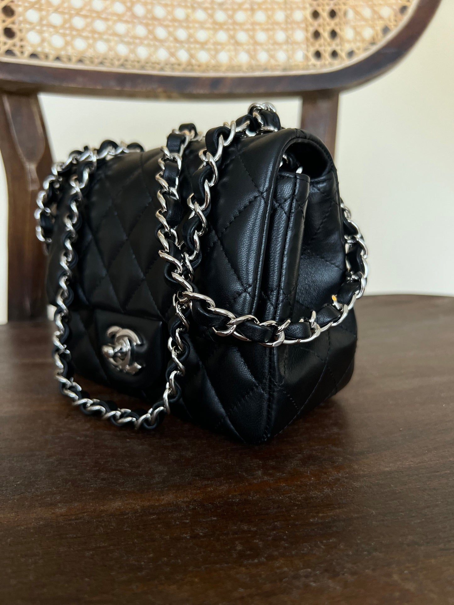 CHANEL BLACK MINI SQUARE LAMBSKIN QUILTED FLAP SILVER HARDWARE