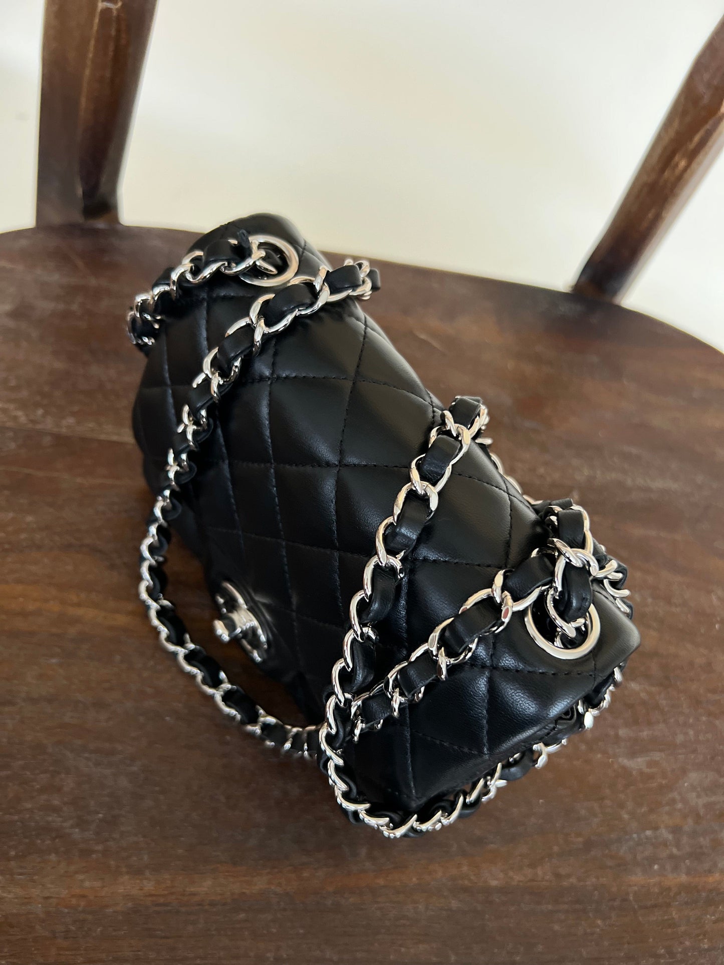 CHANEL BLACK MINI SQUARE LAMBSKIN QUILTED FLAP SILVER HARDWARE