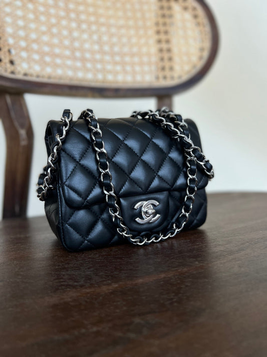 CHANEL BLACK MINI SQUARE LAMBSKIN QUILTED FLAP SILVER HARDWARE