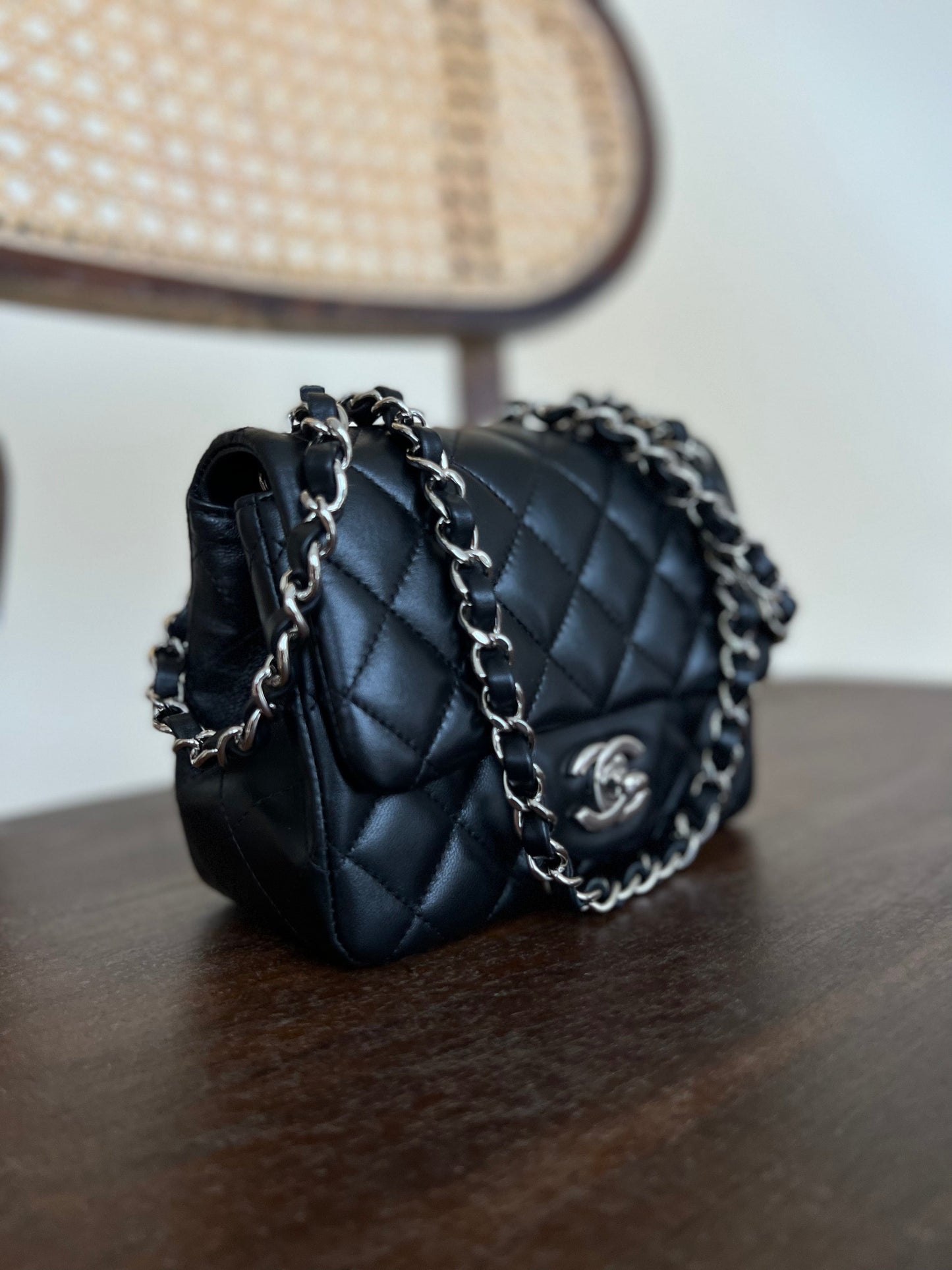 CHANEL BLACK MINI SQUARE LAMBSKIN QUILTED FLAP SILVER HARDWARE