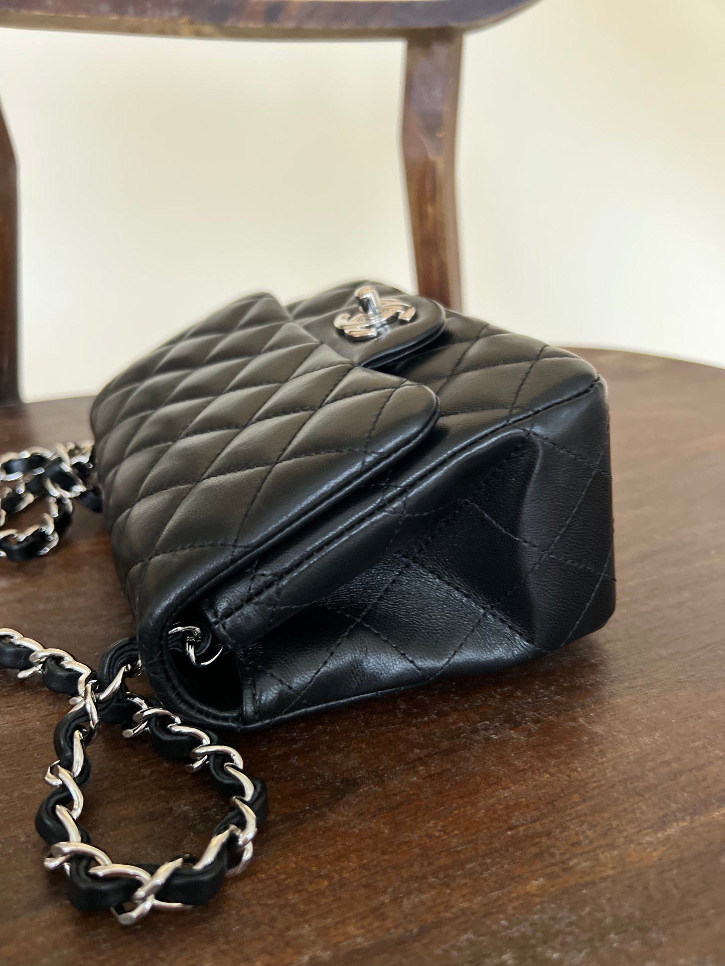 CHANEL BLACK MINI SQUARE LAMBSKIN QUILTED FLAP SILVER HARDWARE