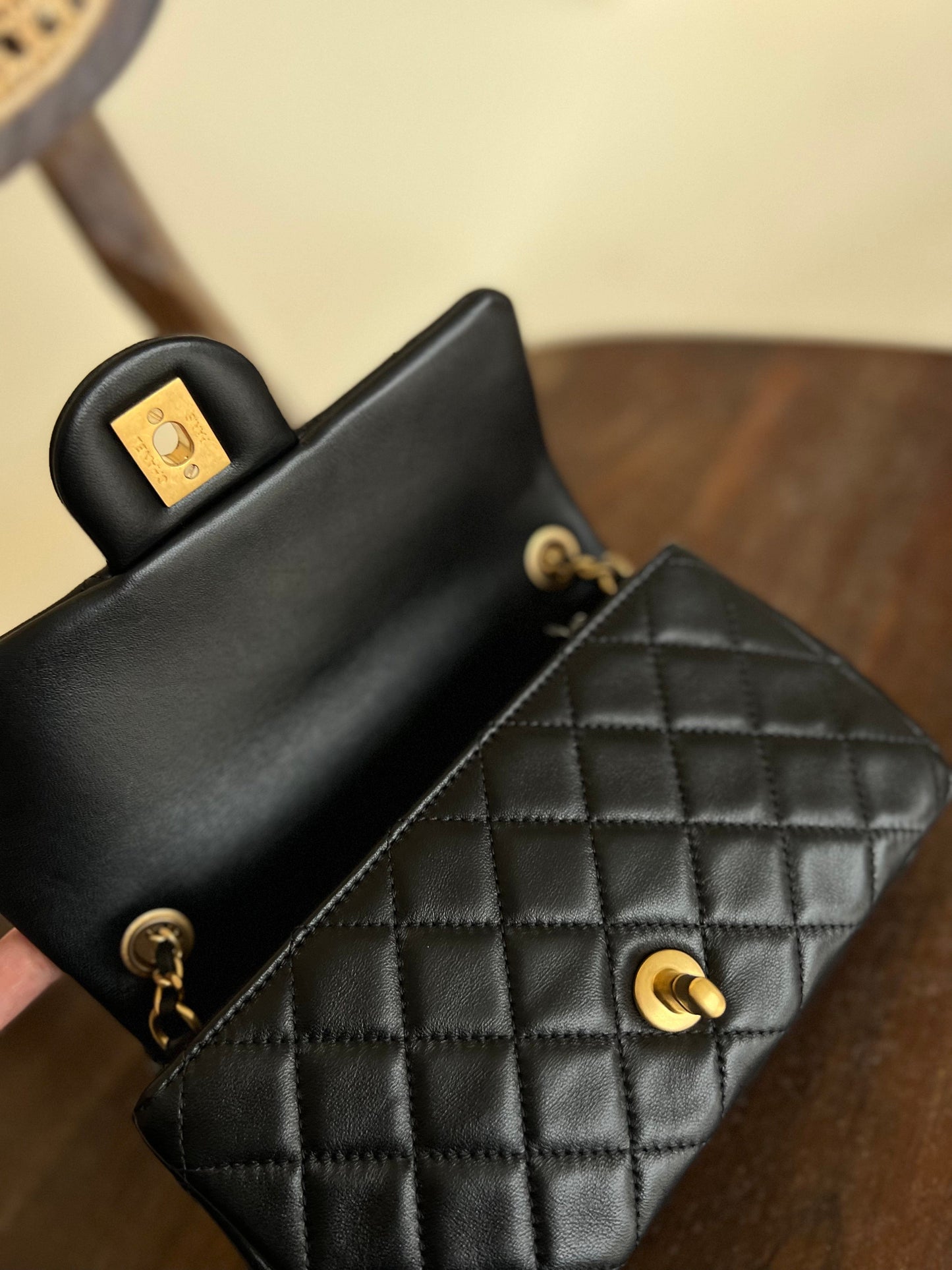 CHANEL BLACK MINI SQUARE LAMBSKIN QUILTED FLAP SILVER HARDWARE