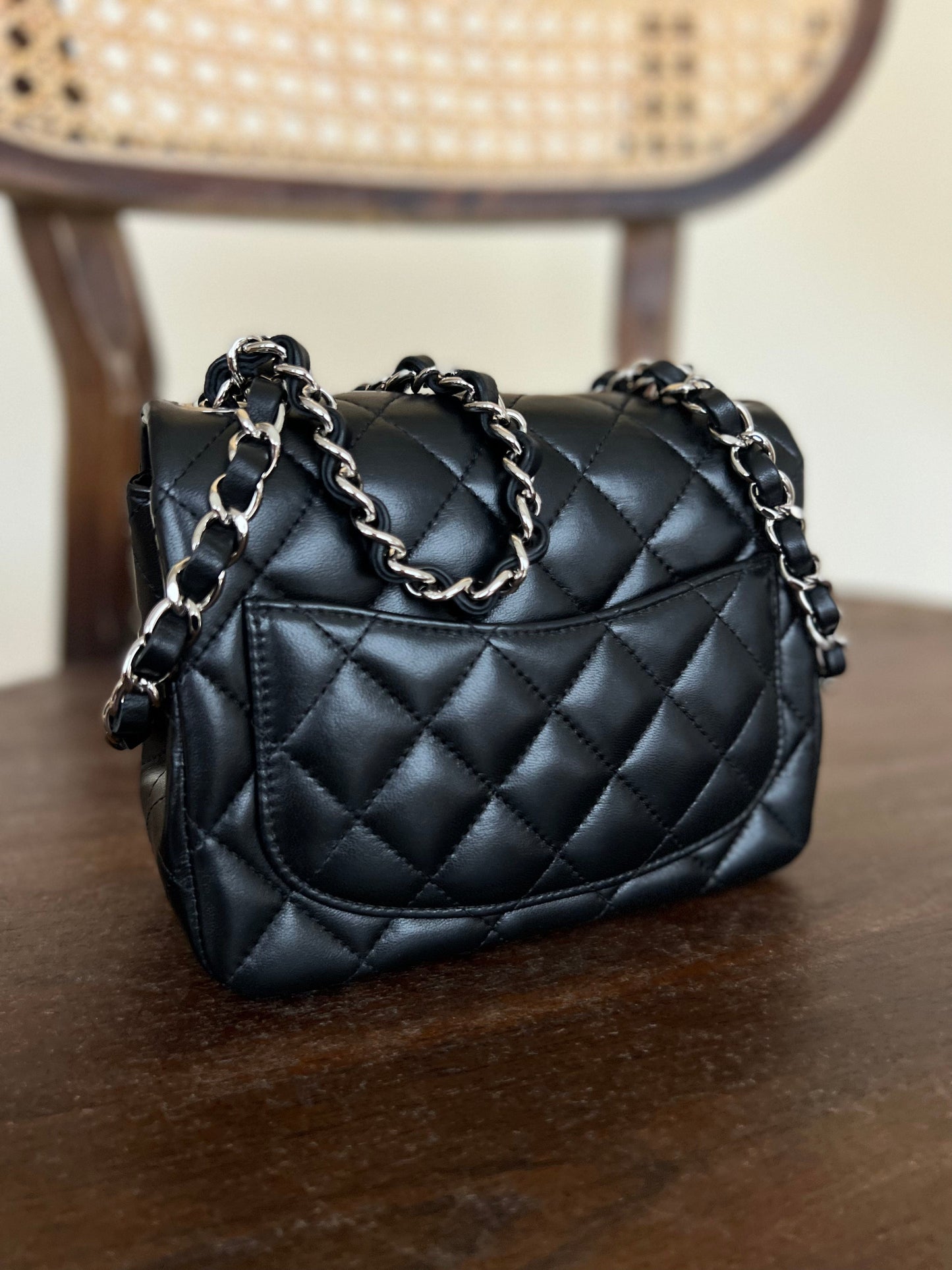 CHANEL BLACK MINI SQUARE LAMBSKIN QUILTED FLAP SILVER HARDWARE