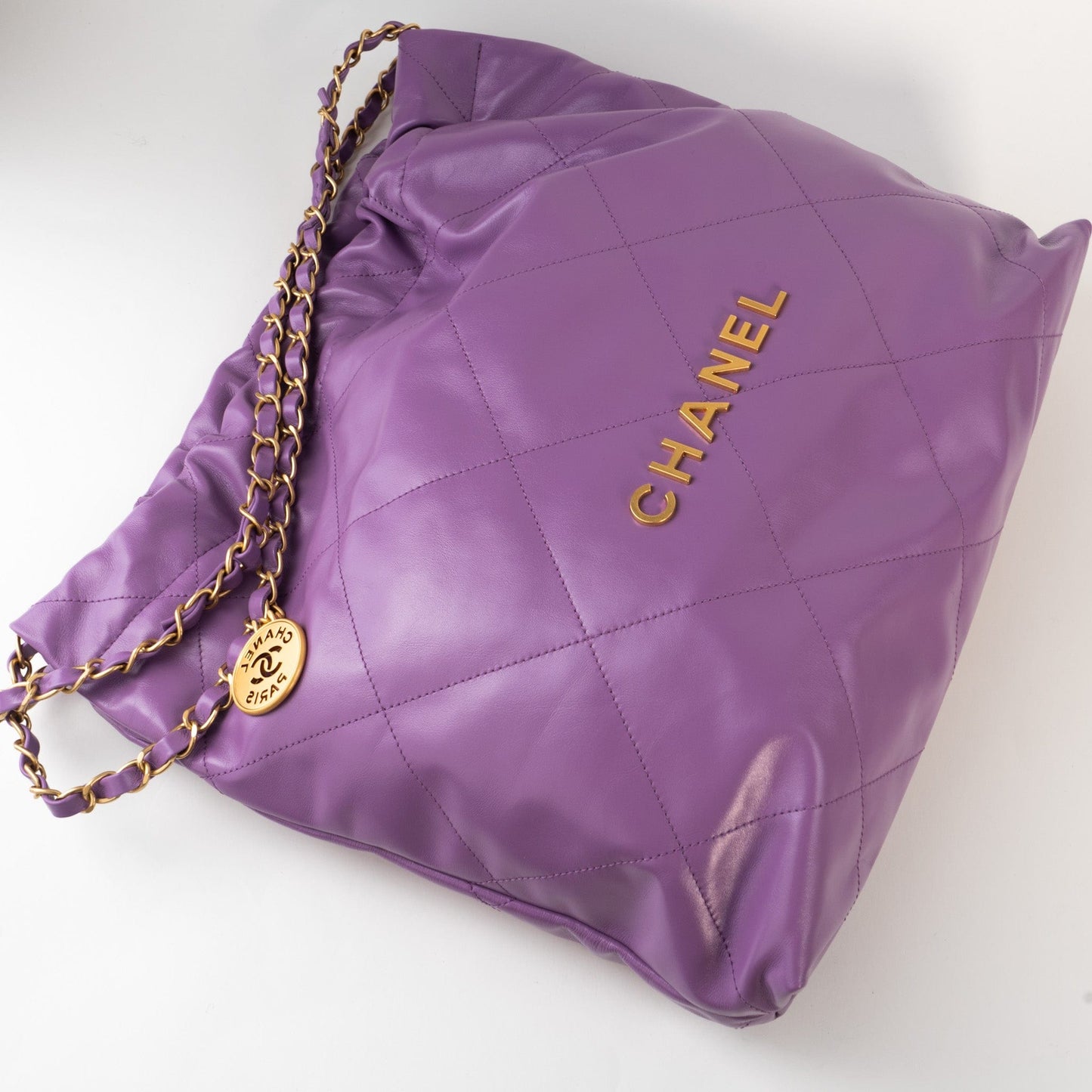 Chanel Purple Calfskin Quilted 22 Drawstring Bag