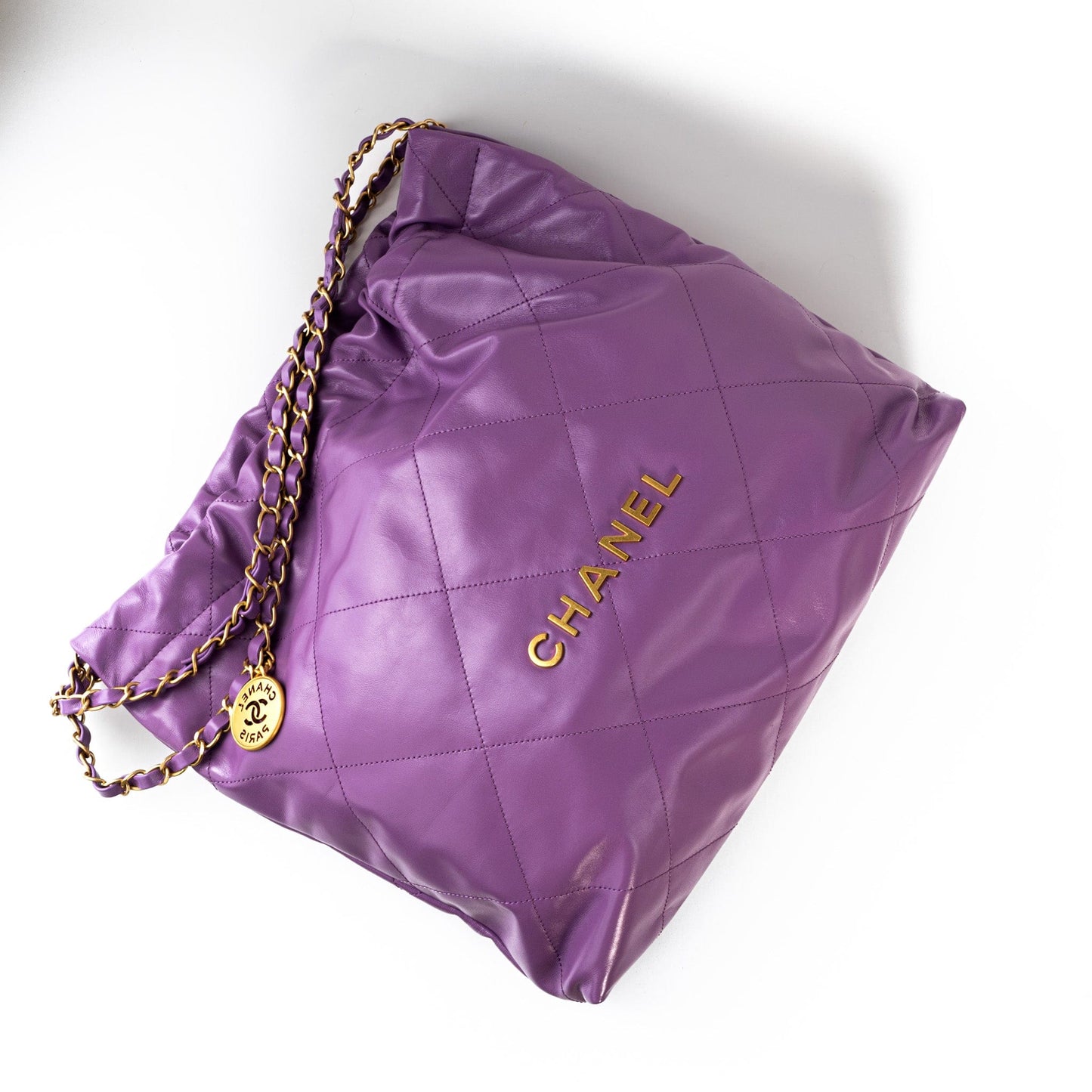 Chanel Purple Calfskin Quilted 22 Drawstring Bag