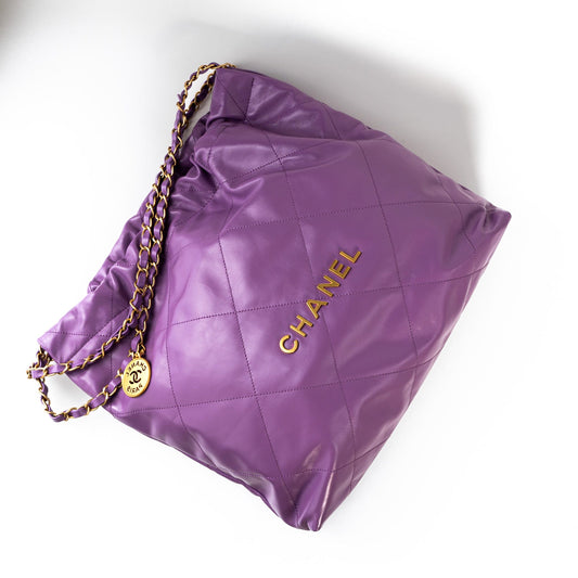 Chanel Purple Calfskin Quilted 22 Drawstring Bag