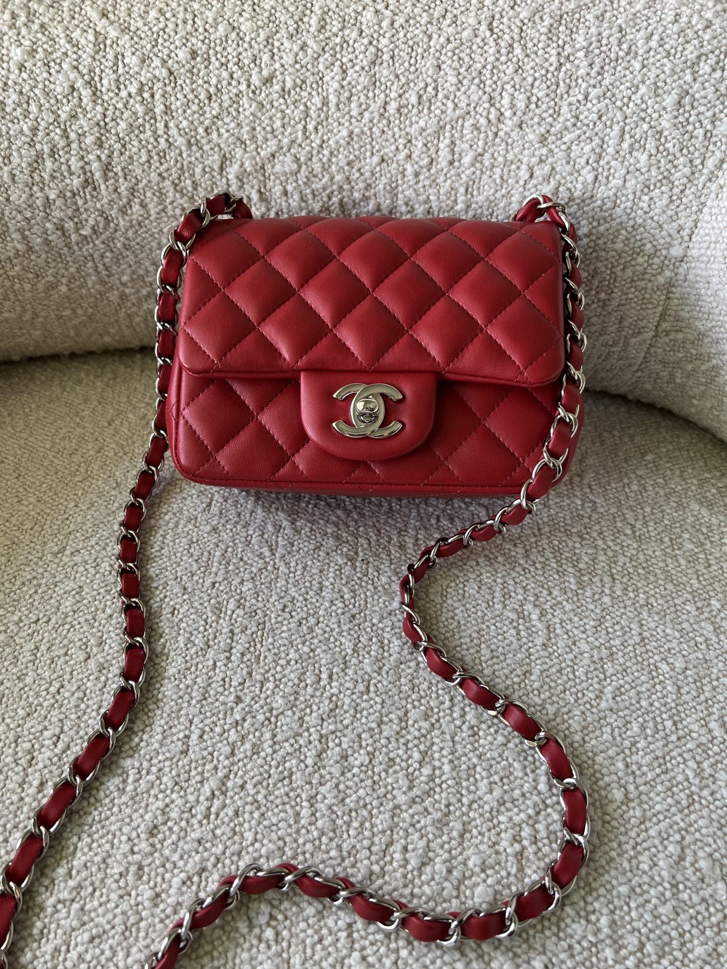 Chanel Red Mini Square Lambskin Quilted Flap SHW