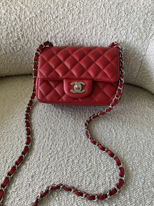 Chanel Red Mini Square Lambskin Quilted Flap SHW