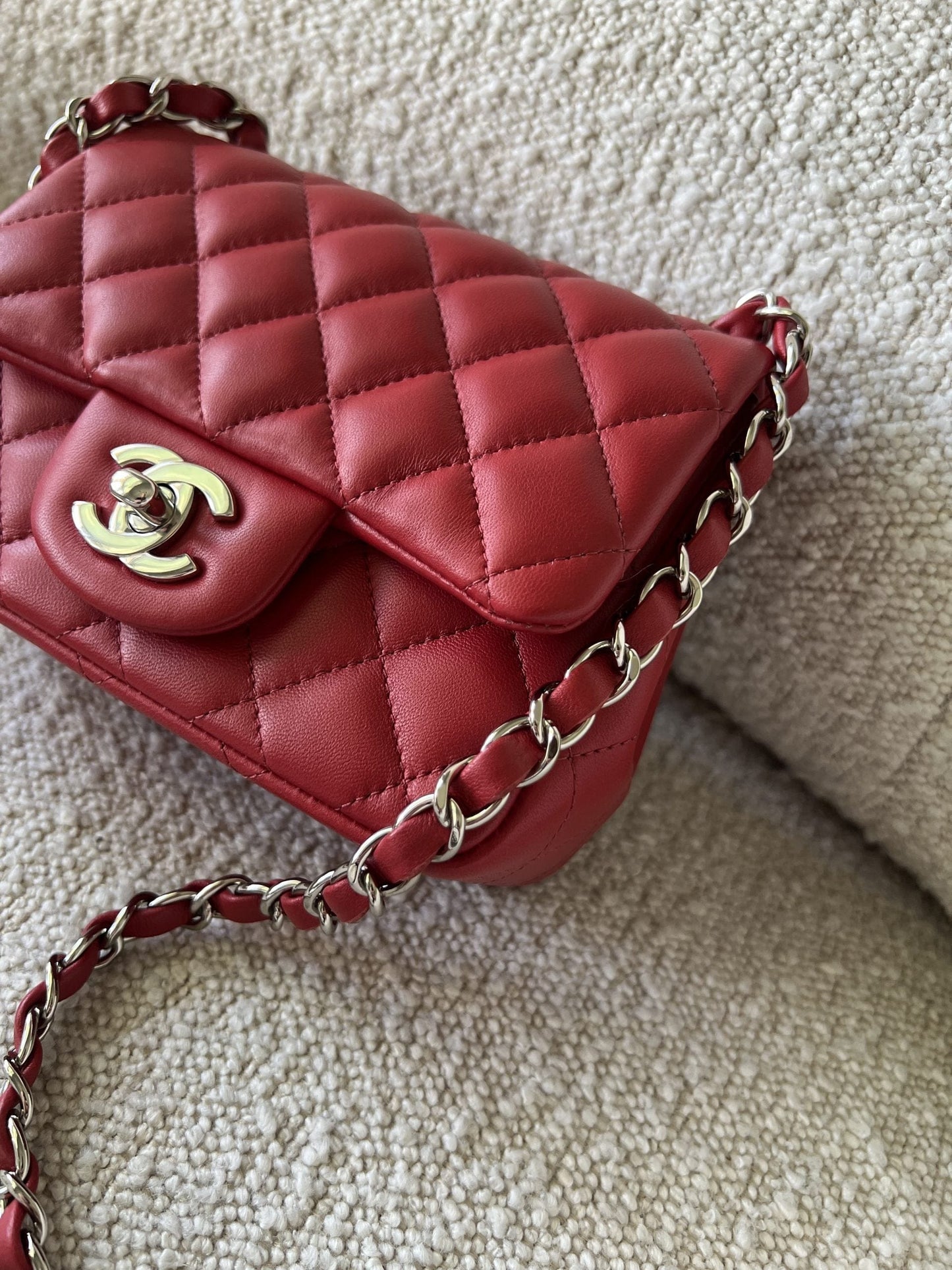 Chanel Red Mini Square Lambskin Quilted Flap SHW