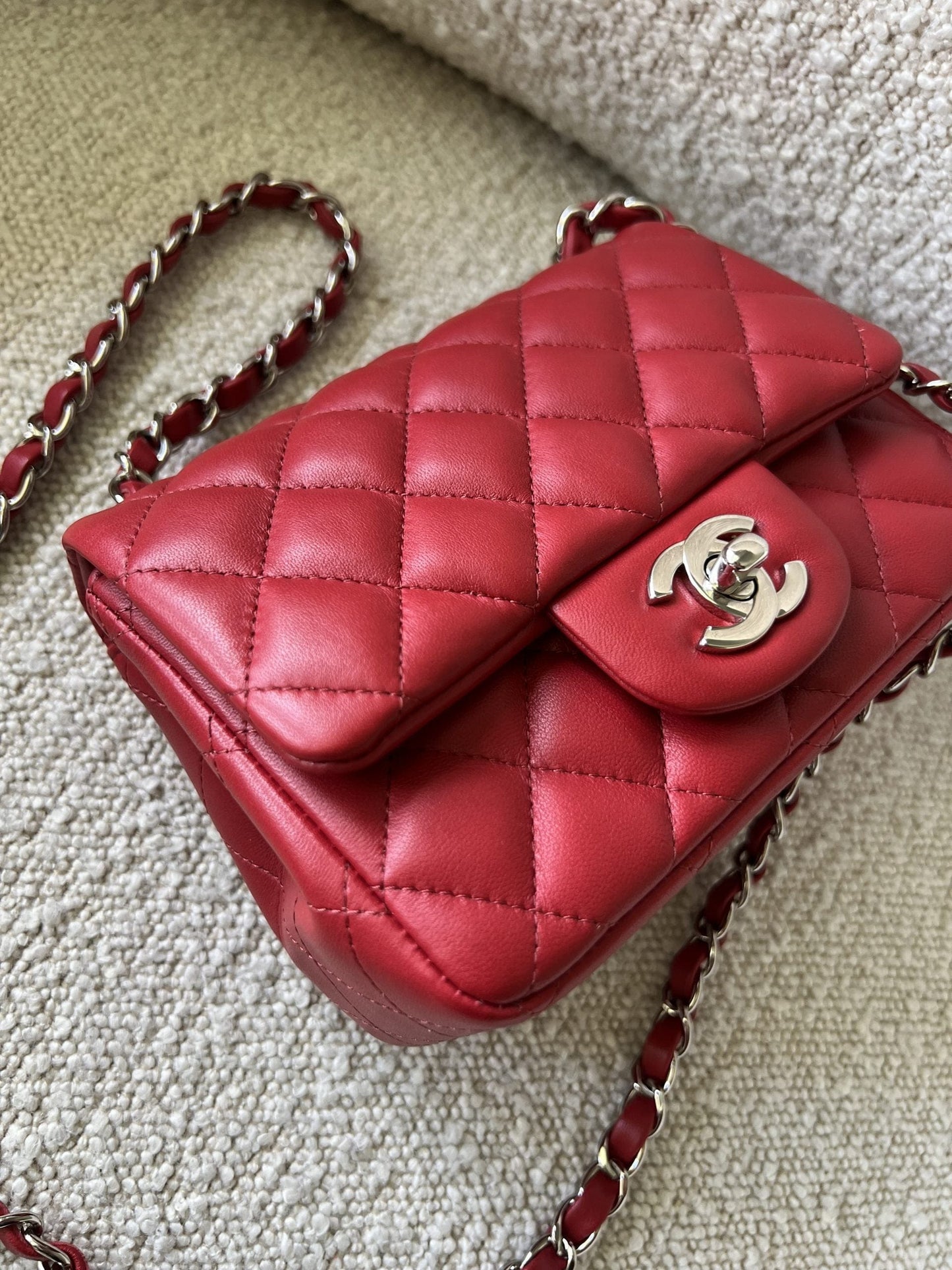 Chanel Red Mini Square Lambskin Quilted Flap SHW