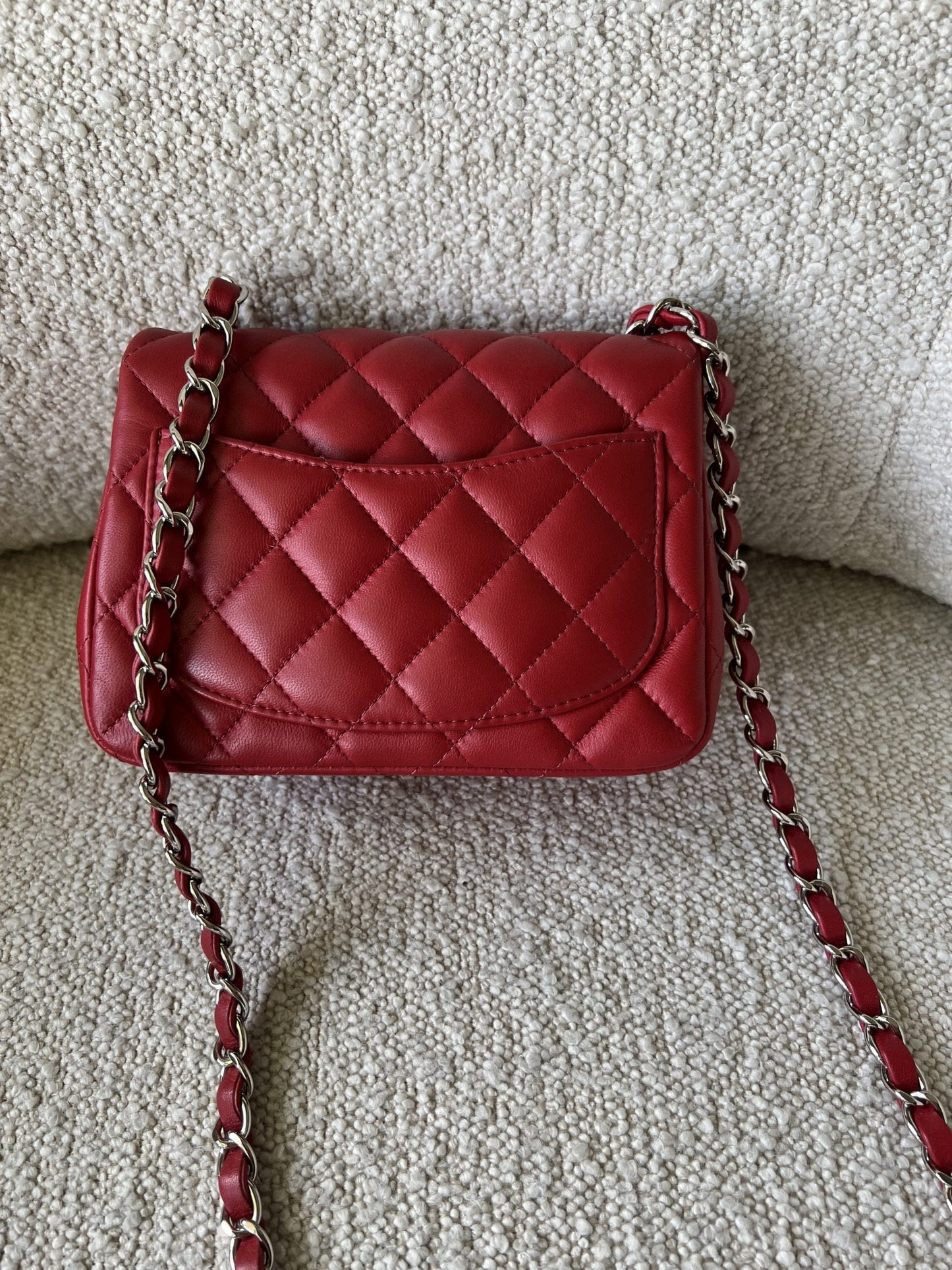 Chanel Red Mini Square Lambskin Quilted Flap SHW
