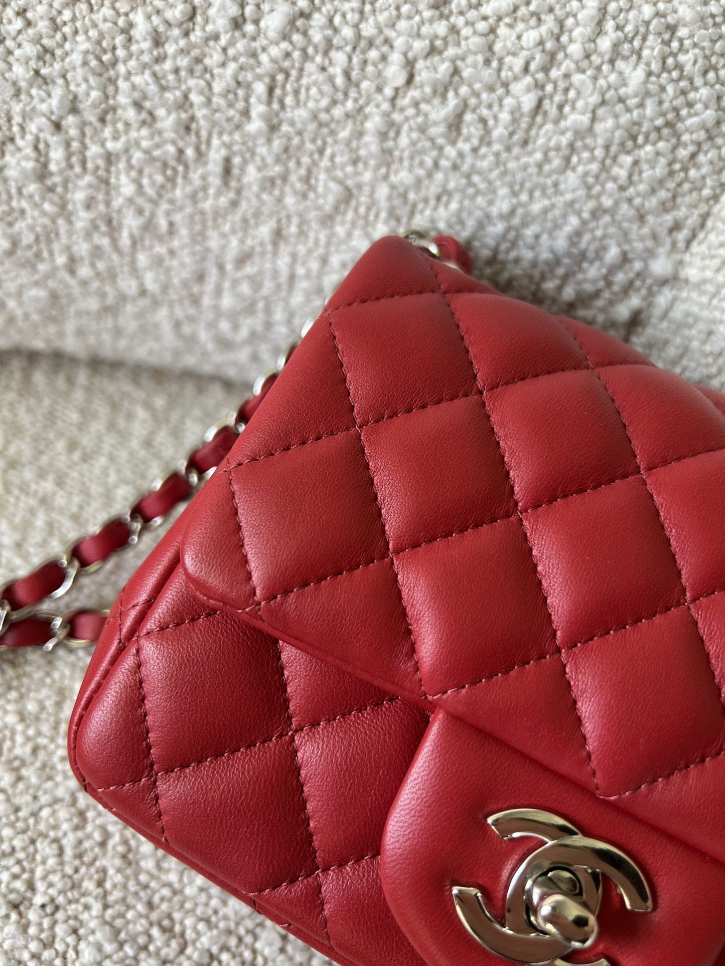 Chanel Red Mini Square Lambskin Quilted Flap SHW