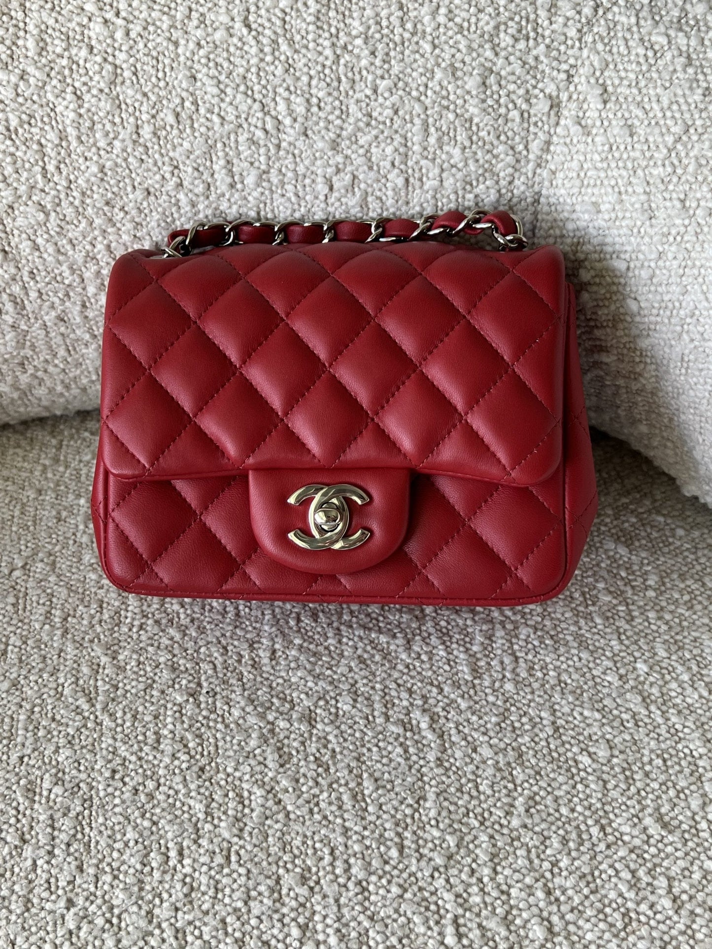 Chanel Red Mini Square Lambskin Quilted Flap SHW