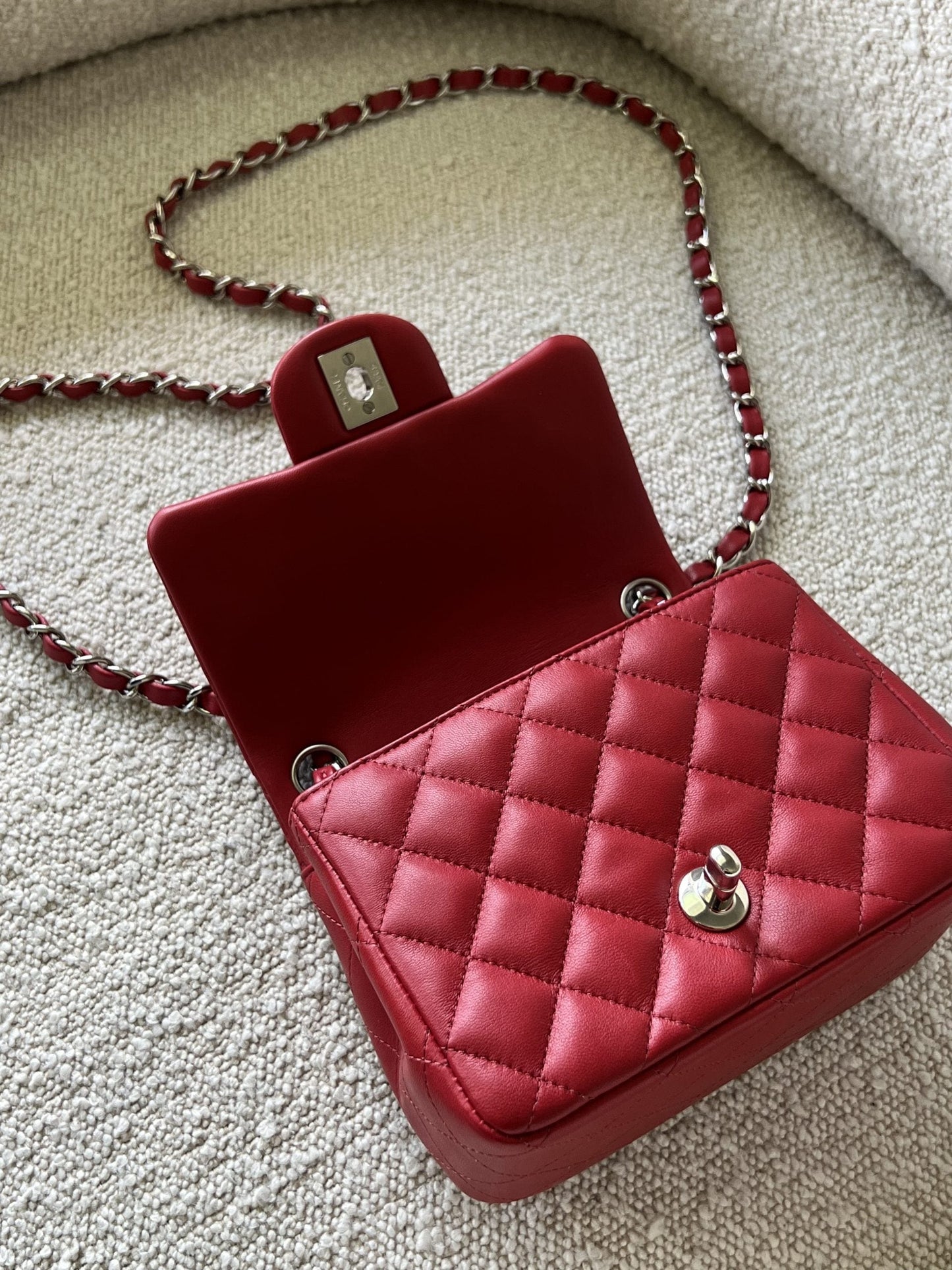 Chanel Red Mini Square Lambskin Quilted Flap SHW