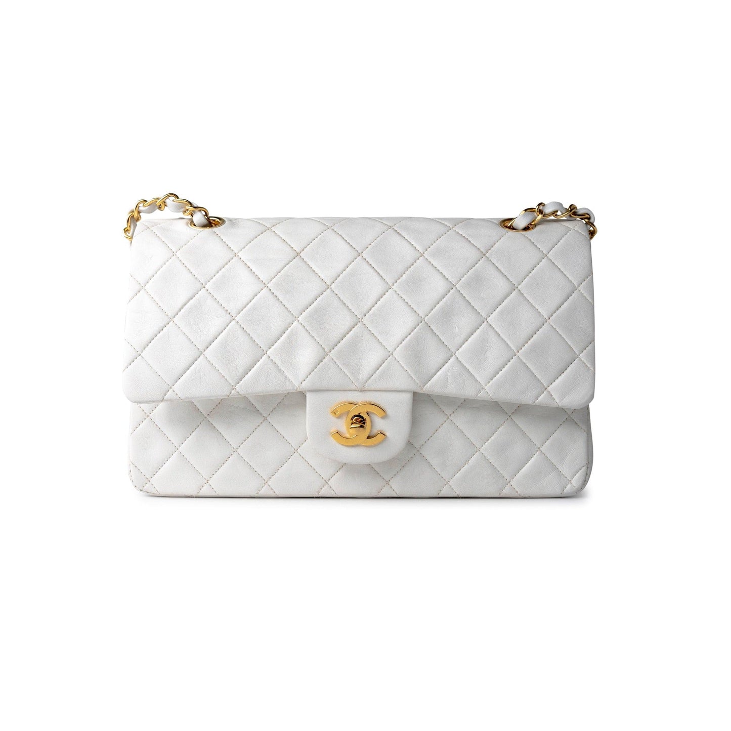 Chanel Vintage White Lambskin Quilted Classic Flap Medium GHW