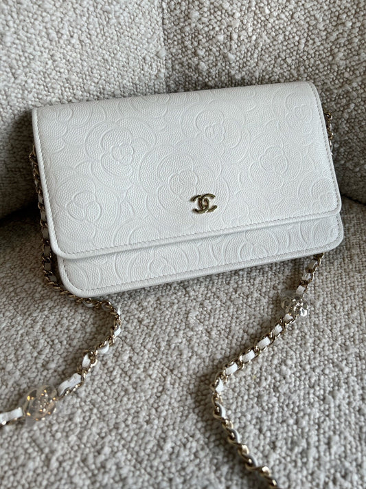 Chanel White Caviar Quilted Camellia Wallet on Chain LGHW (WOC)