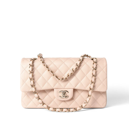 22c Beige Caviar Quilted Classic Flap Medium Light Gold Hardware