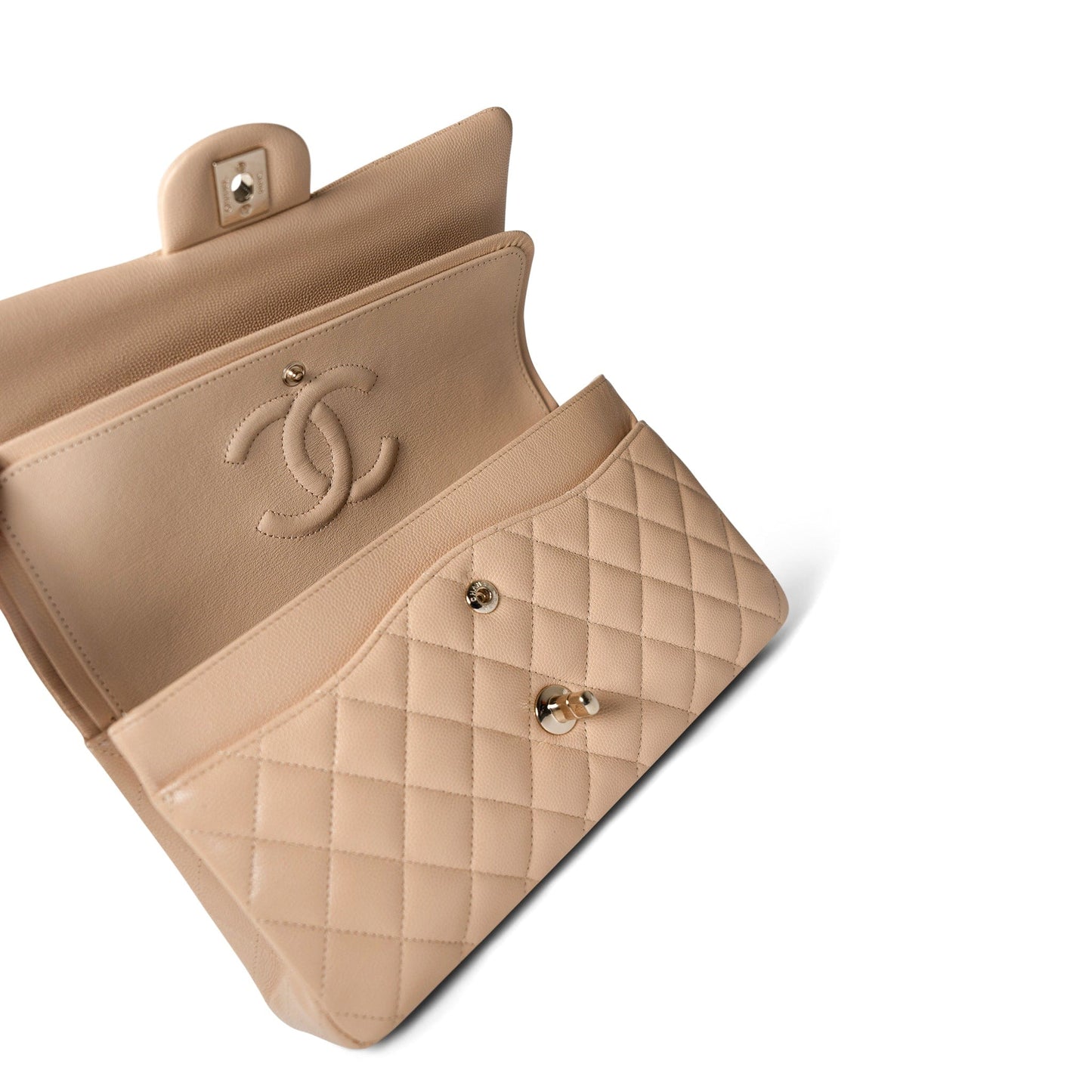 Beige / Tan Caviar Quilted Classic Flap Medium Light Gold Hardware