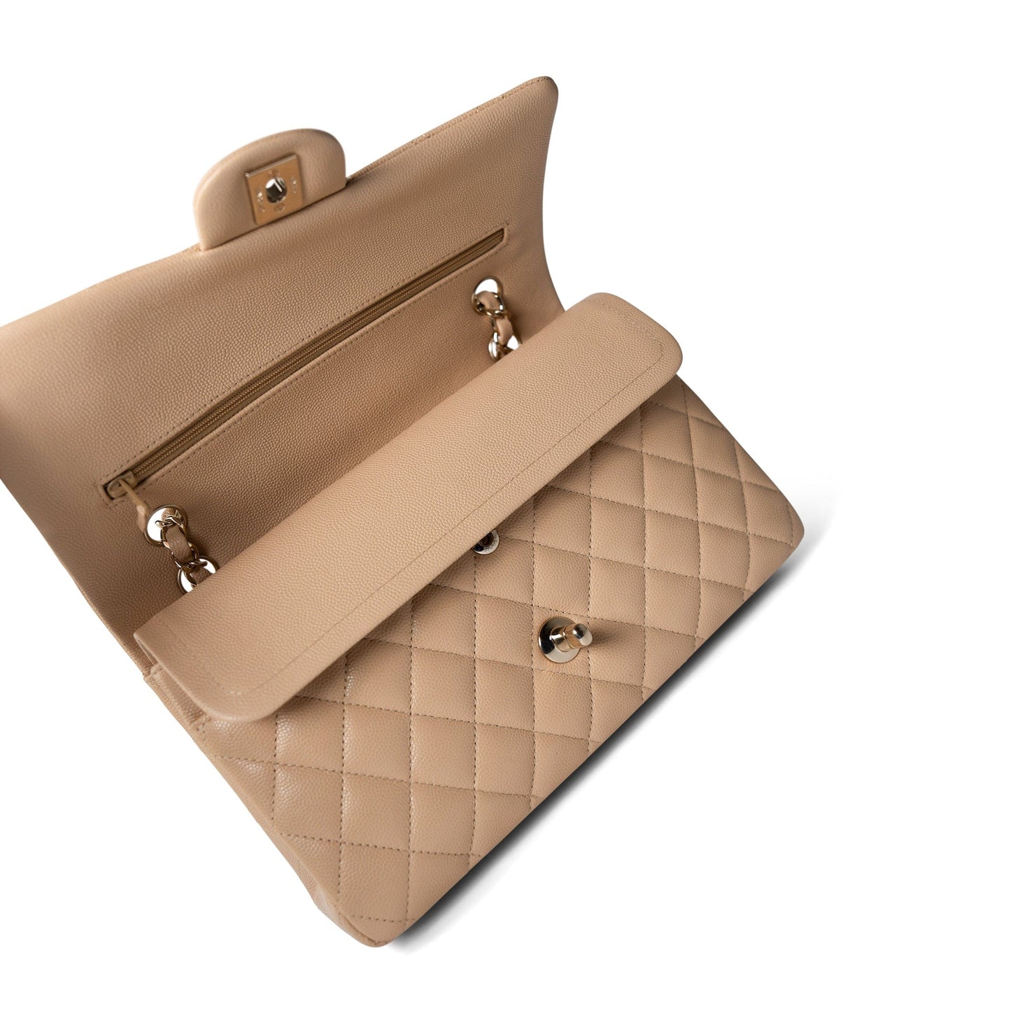 Beige / Tan Caviar Quilted Classic Flap Medium Light Gold Hardware