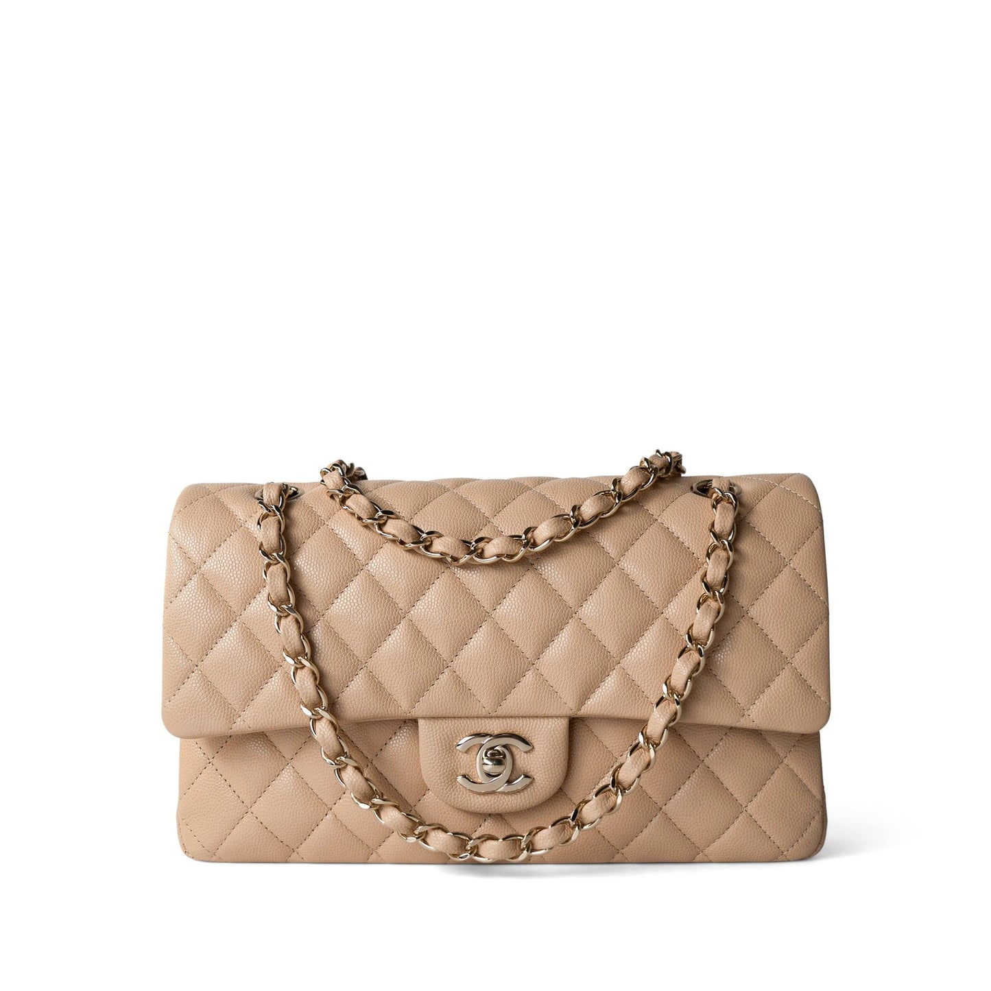 Beige / Tan Caviar Quilted Classic Flap Medium Light Gold Hardware