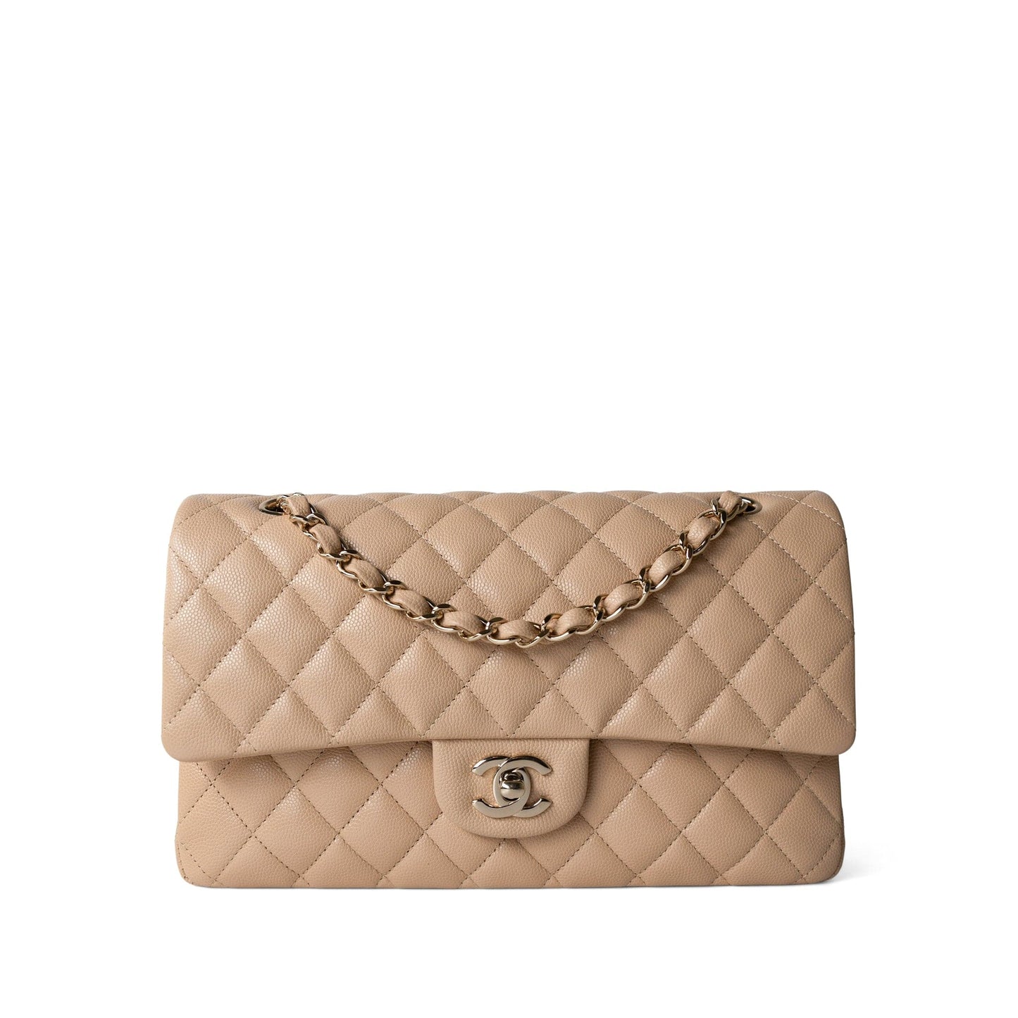 Beige / Tan Caviar Quilted Classic Flap Medium Light Gold Hardware