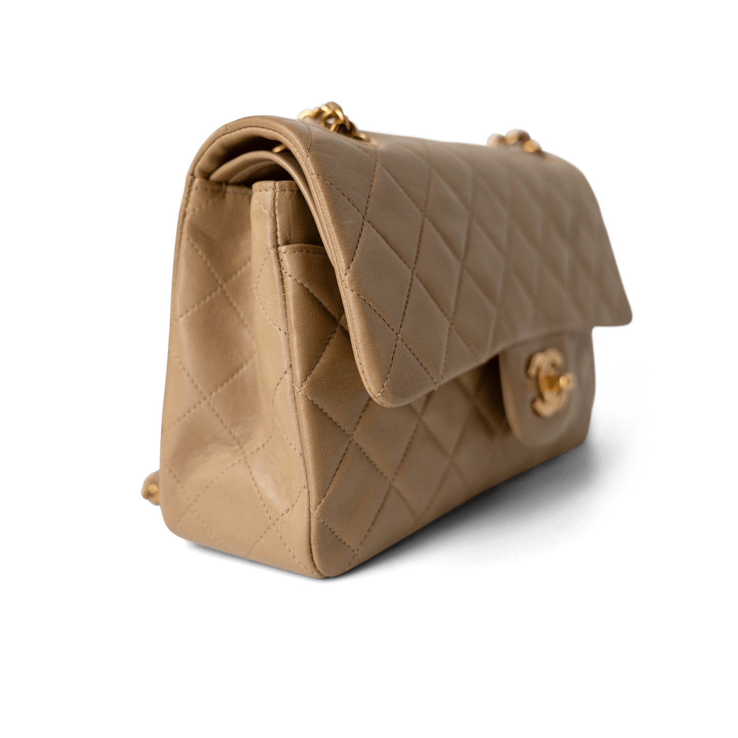 Dark Beige Lambskin Quilted Vintage Classic Flap Gold Hardware