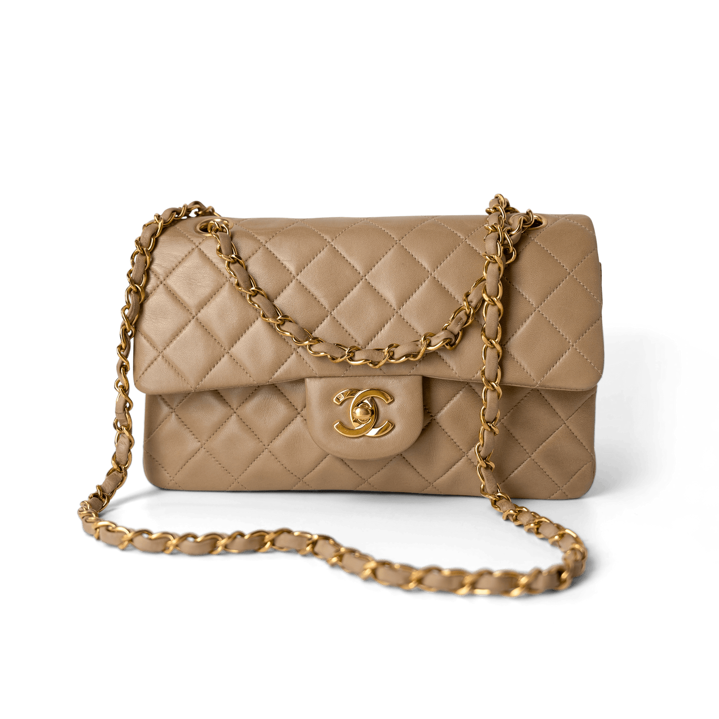 Dark Beige Lambskin Quilted Vintage Classic Flap Gold Hardware