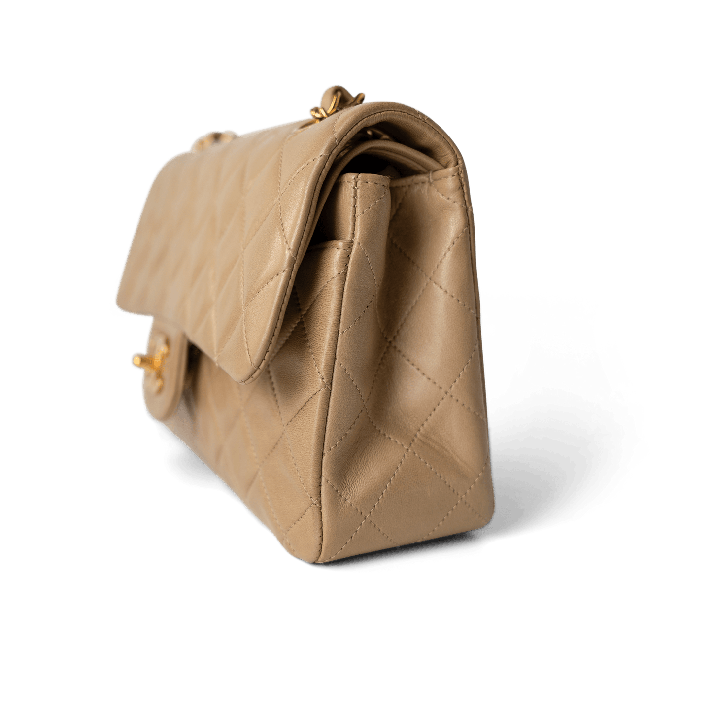 Dark Beige Lambskin Quilted Vintage Classic Flap Gold Hardware