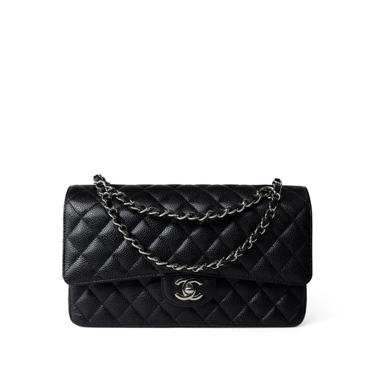 Black Caviar Quilted Medium Classic Flap Silver Hardware