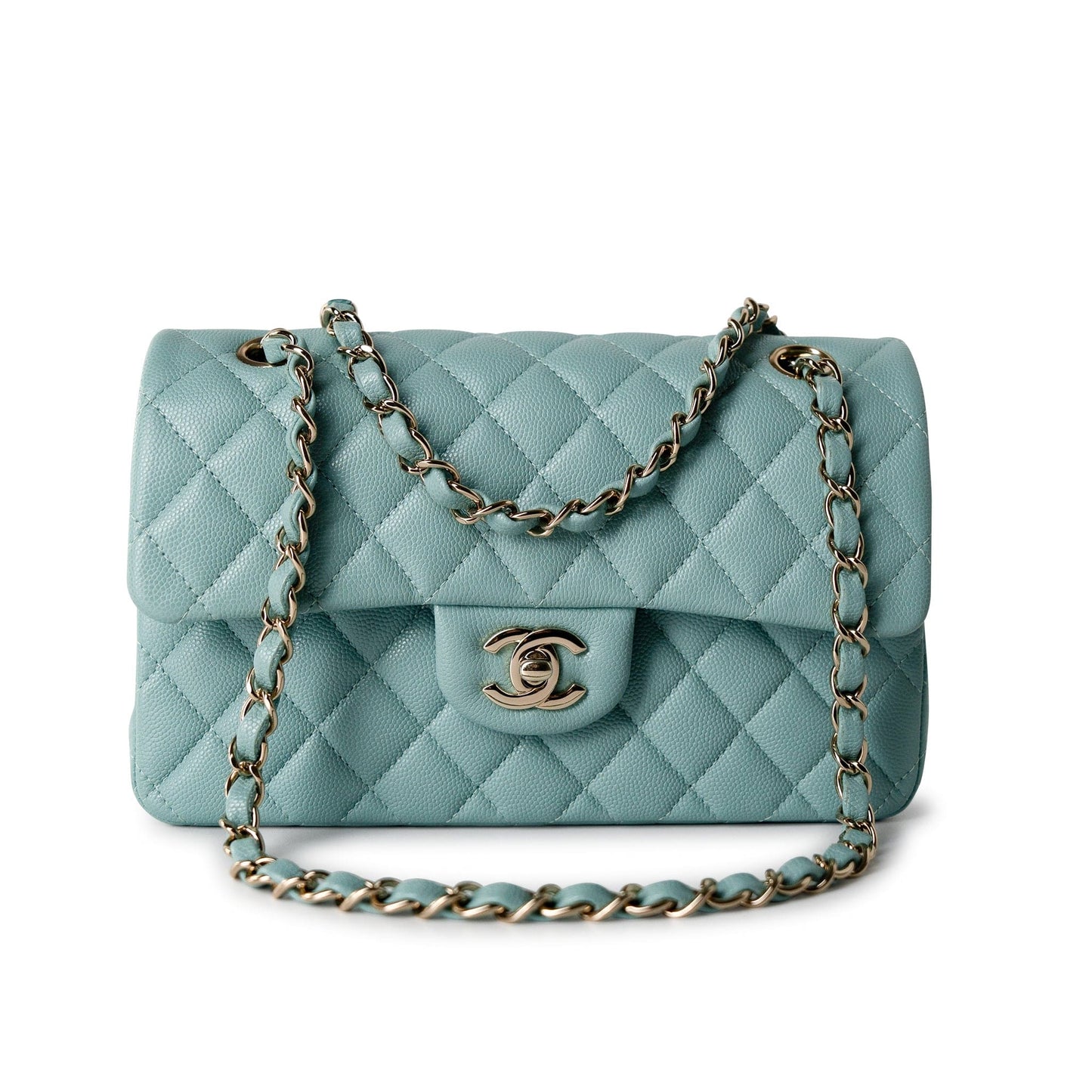 19C Tiffany Blue Caviar Quilted Classic Flap Small Light Gold Hardware