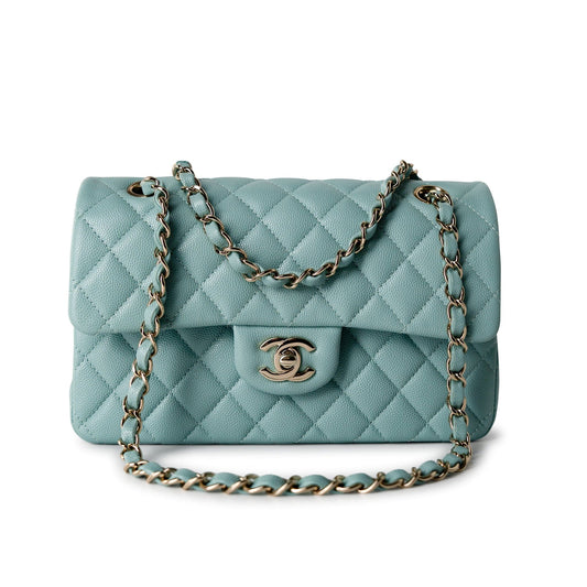 19C Tiffany Blue Caviar Quilted Classic Flap Small Light Gold Hardware