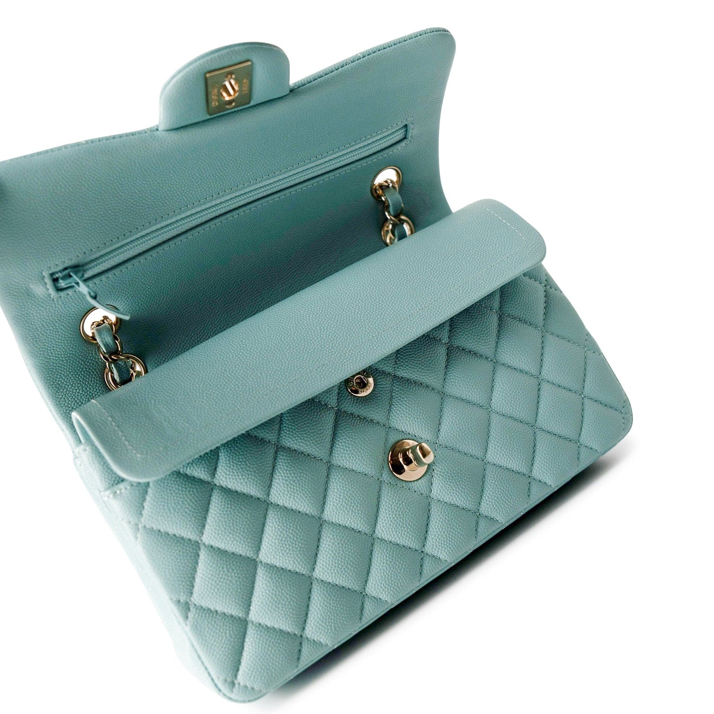 19C Tiffany Blue Caviar Quilted Classic Flap Small Light Gold Hardware