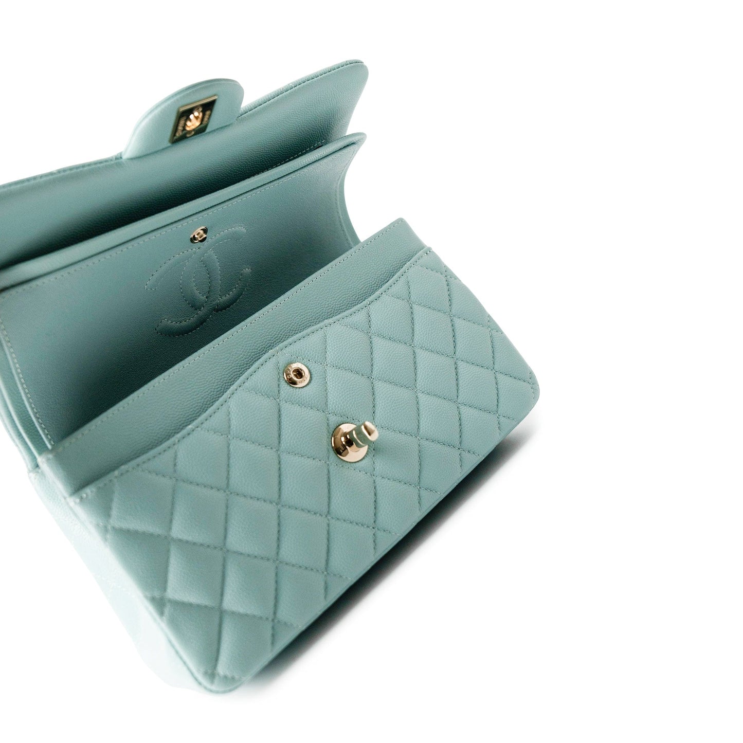 19C Tiffany Blue Caviar Quilted Classic Flap Small Light Gold Hardware