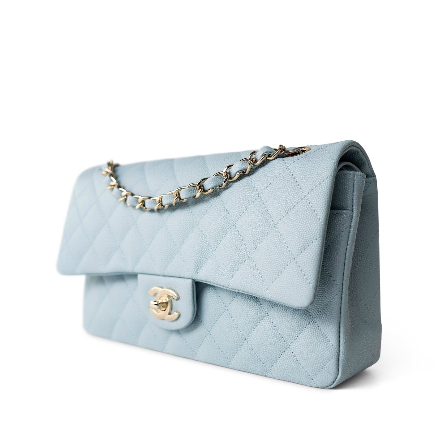 22P Light Blue Caviar Quilted Classic Flap Medium Light Gold Hardware