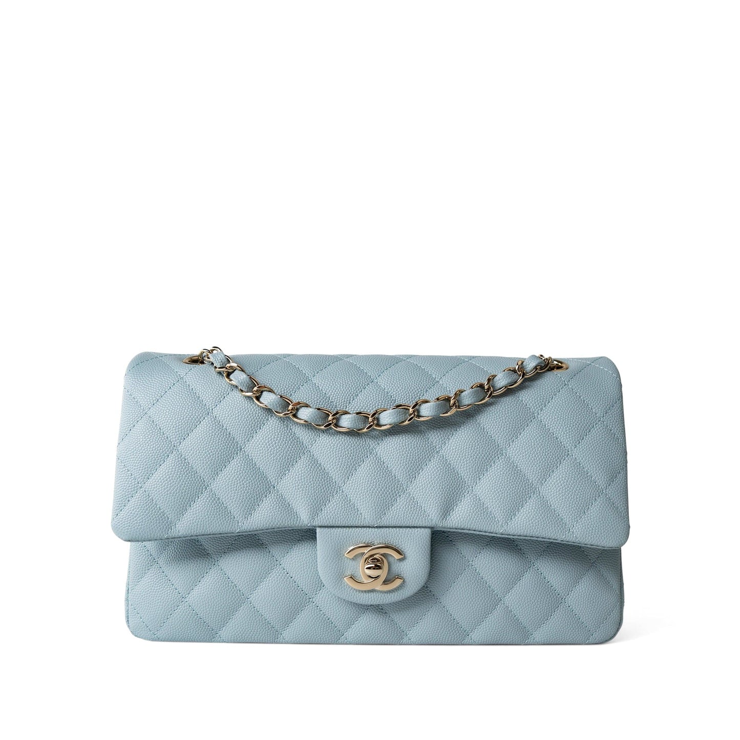 22P Light Blue Caviar Quilted Classic Flap Medium Light Gold Hardware