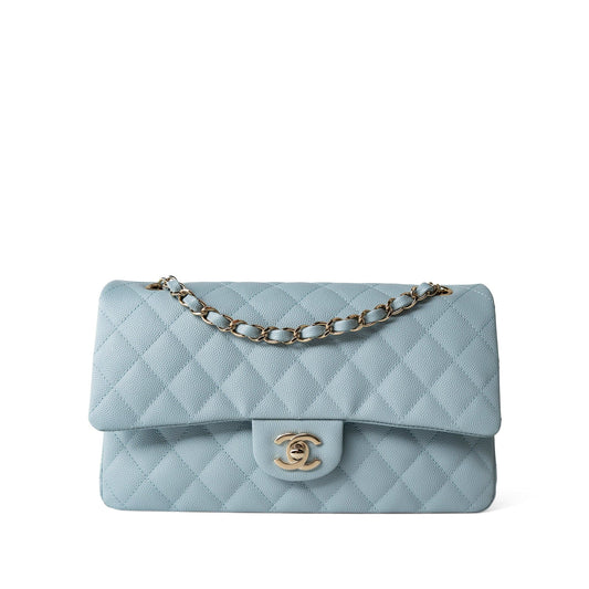 22P Light Blue Caviar Quilted Classic Flap Medium Light Gold Hardware