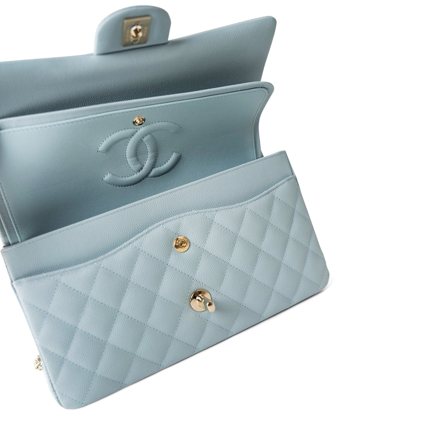 22P Light Blue Caviar Quilted Classic Flap Medium Light Gold Hardware