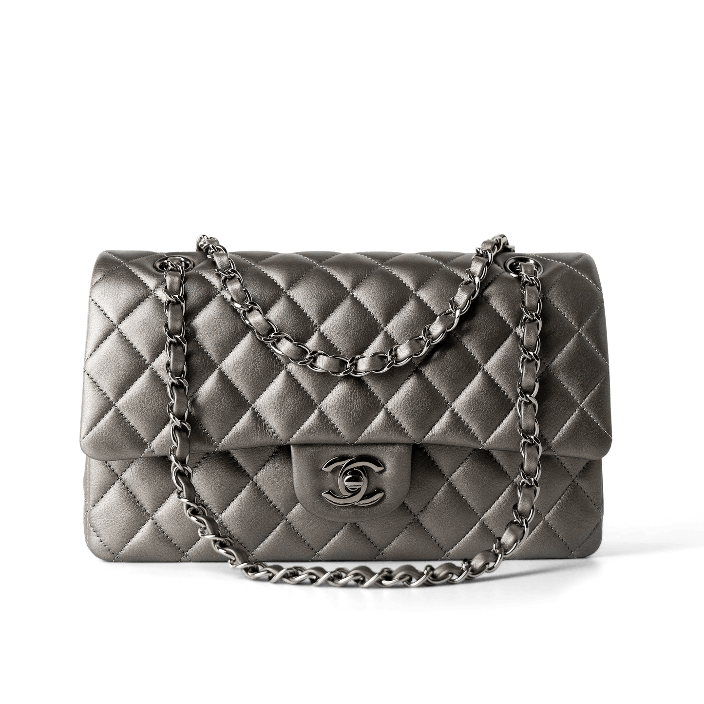 21B Metallic Ruthenium Lambskin Quilted Classic Flap Medium Ruthenium Hardware