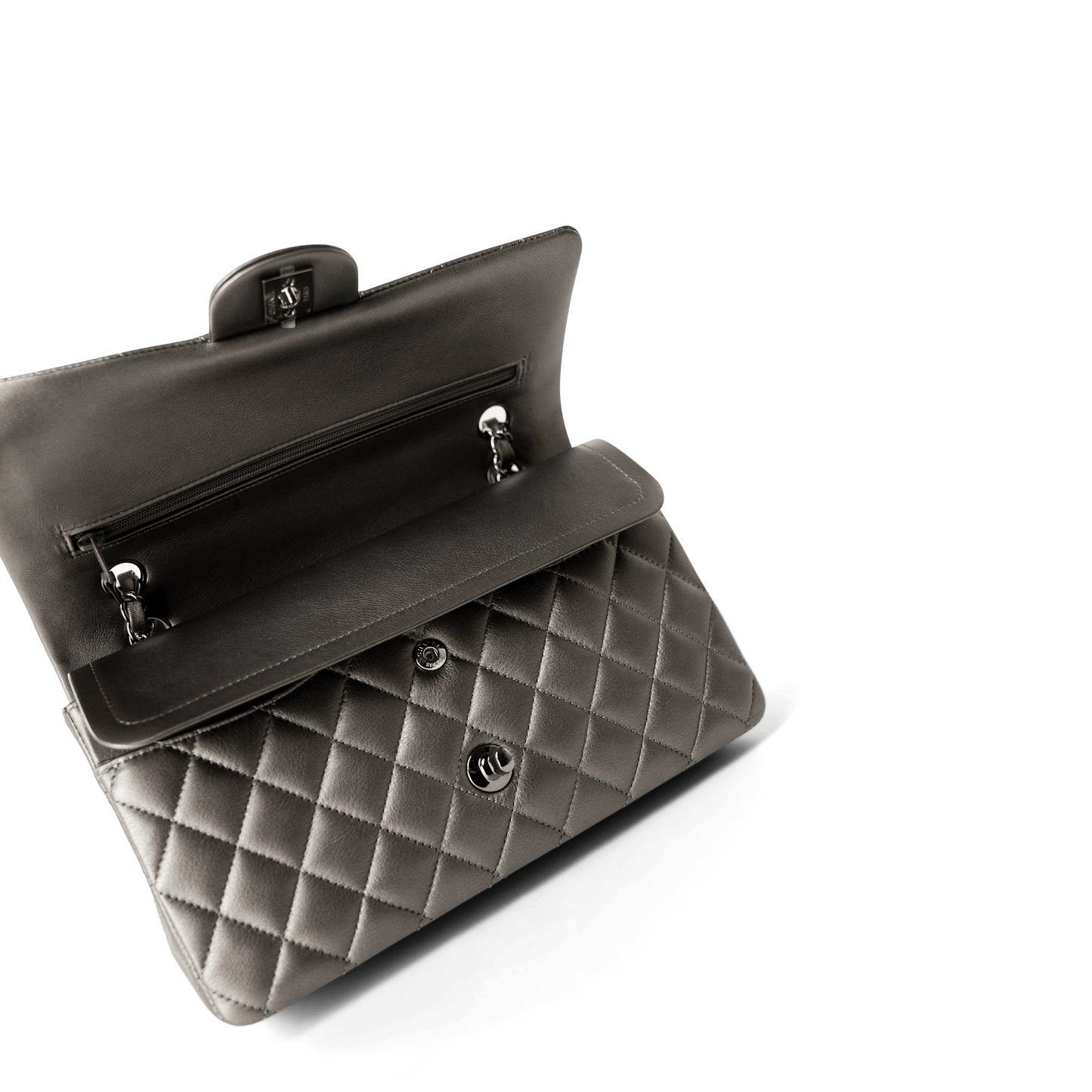 21B Metallic Ruthenium Lambskin Quilted Classic Flap Medium Ruthenium Hardware