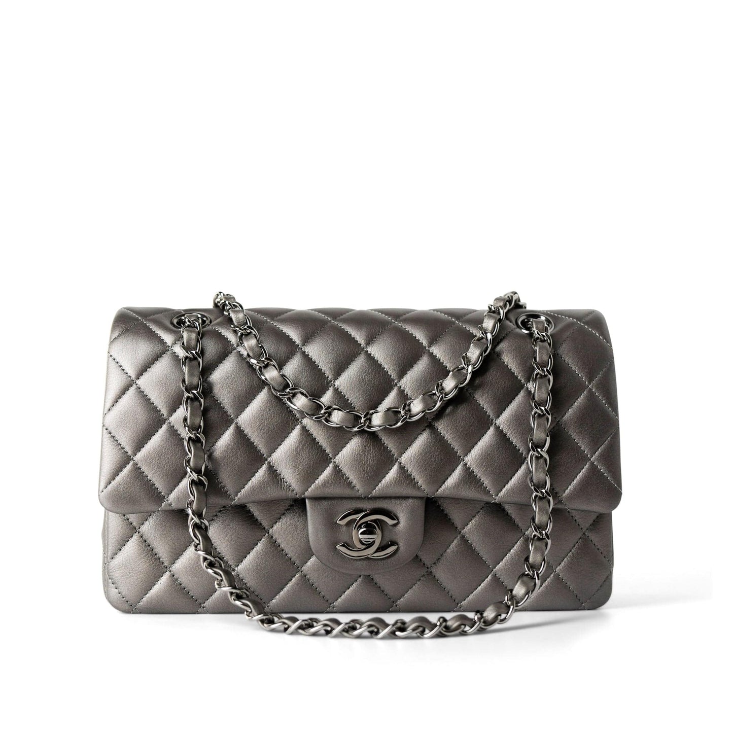 21B Metallic Ruthenium Lambskin Quilted Classic Flap Medium Ruthenium Hardware