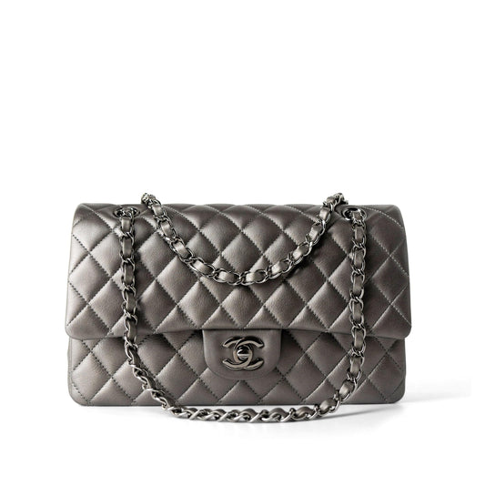 21B Metallic Ruthenium Lambskin Quilted Classic Flap Medium Ruthenium Hardware
