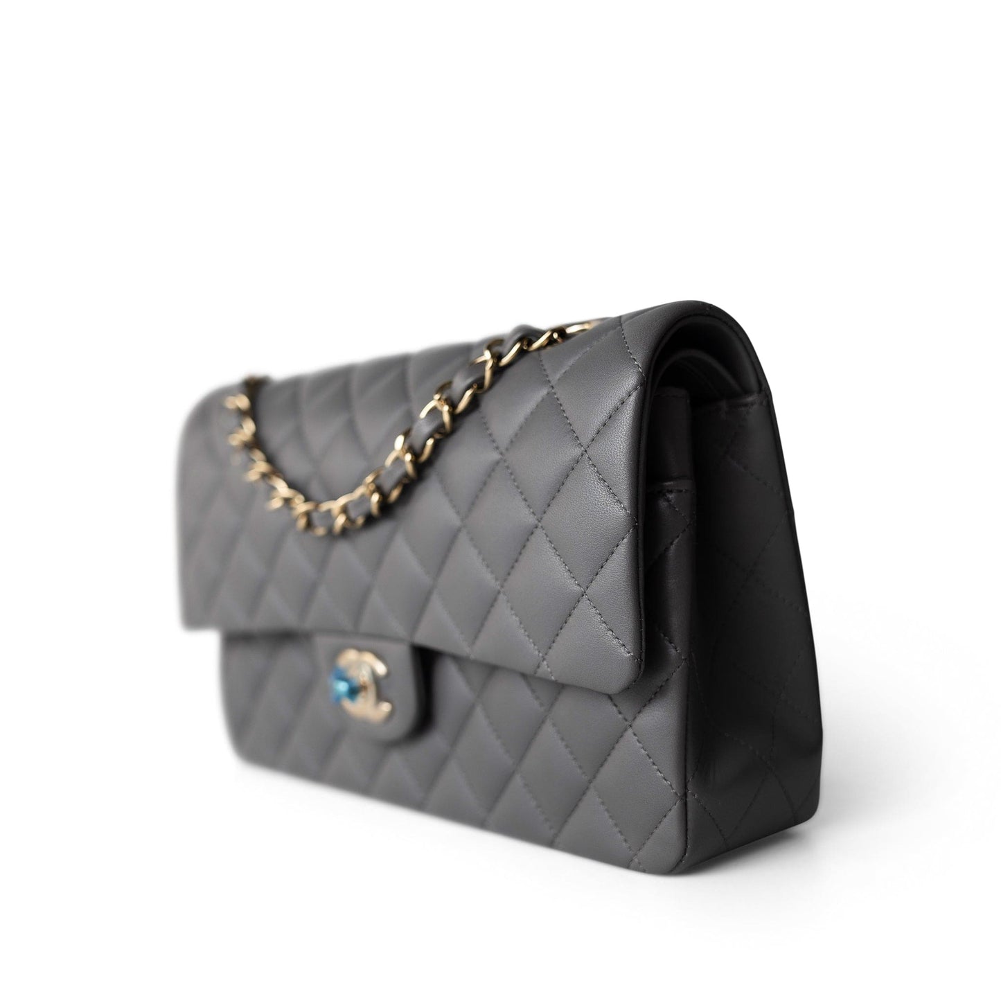 22A Dark Grey Lambskin Quilted Classic Flap Medium Light Gold Hardware