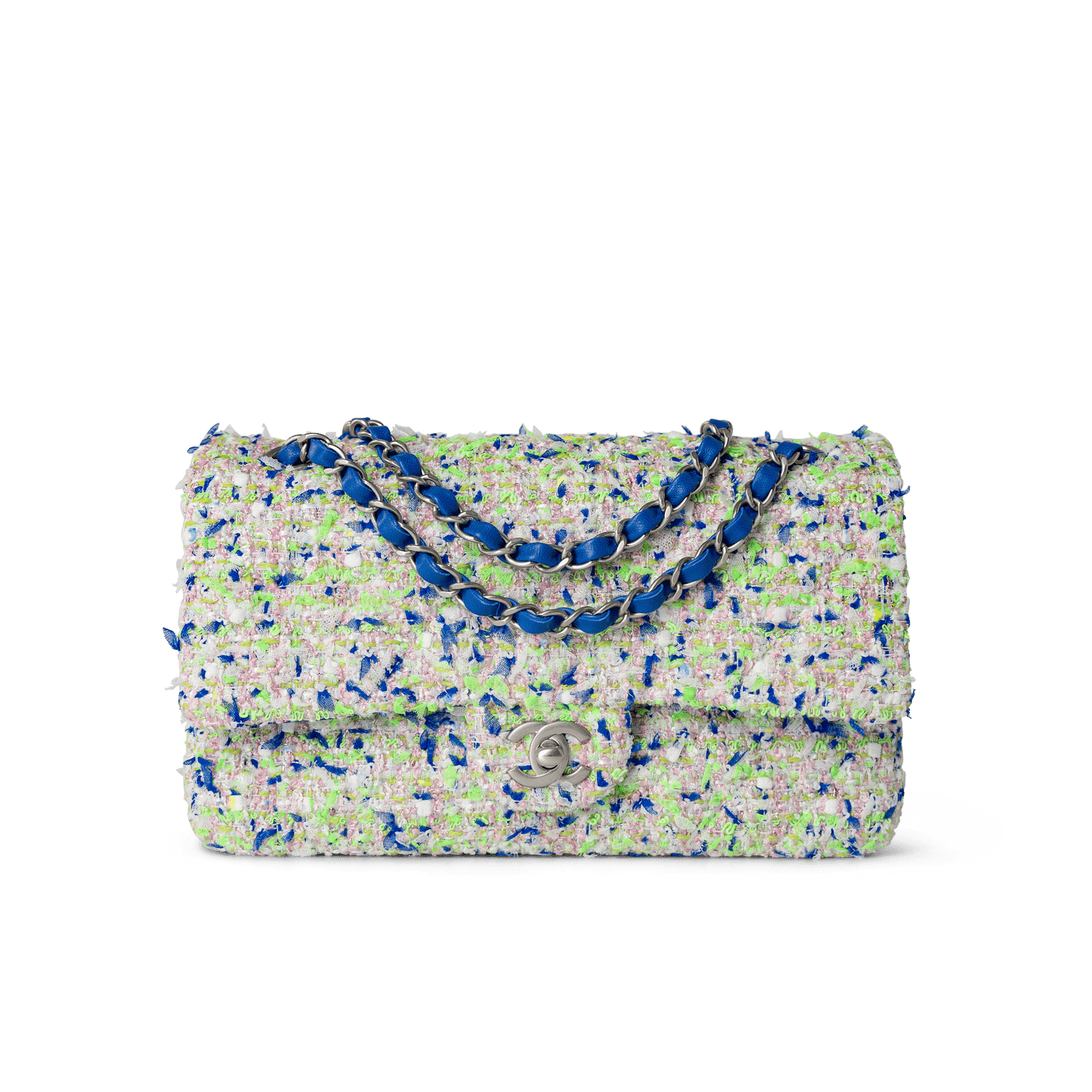 23S White Blue Green Tweed Quilted Classic Flap Medium