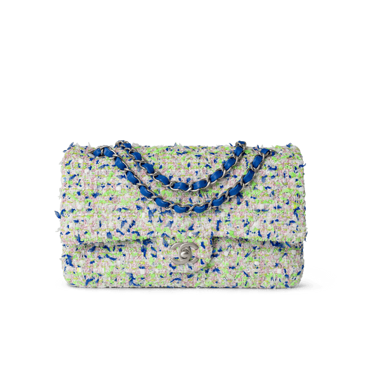 23S White Blue Green Tweed Quilted Classic Flap Medium