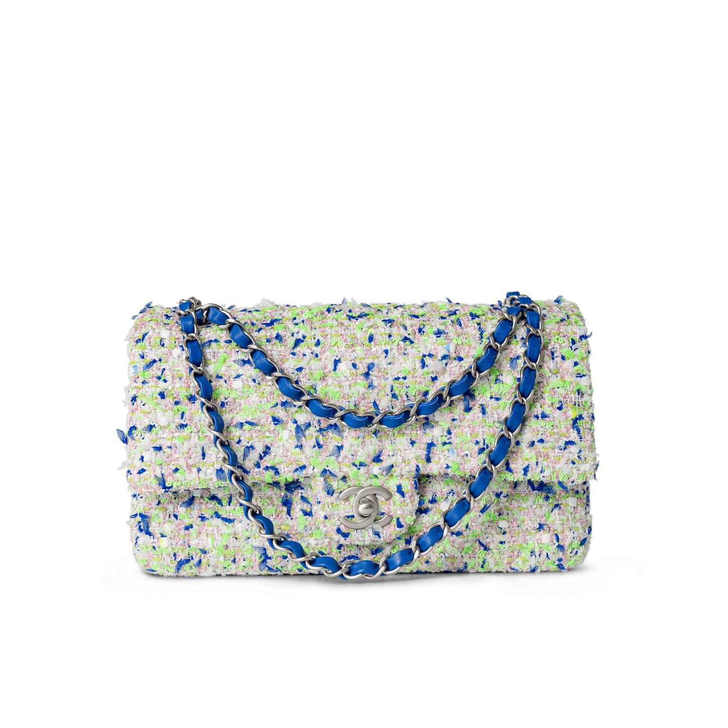 23S White Blue Green Tweed Quilted Classic Flap Medium