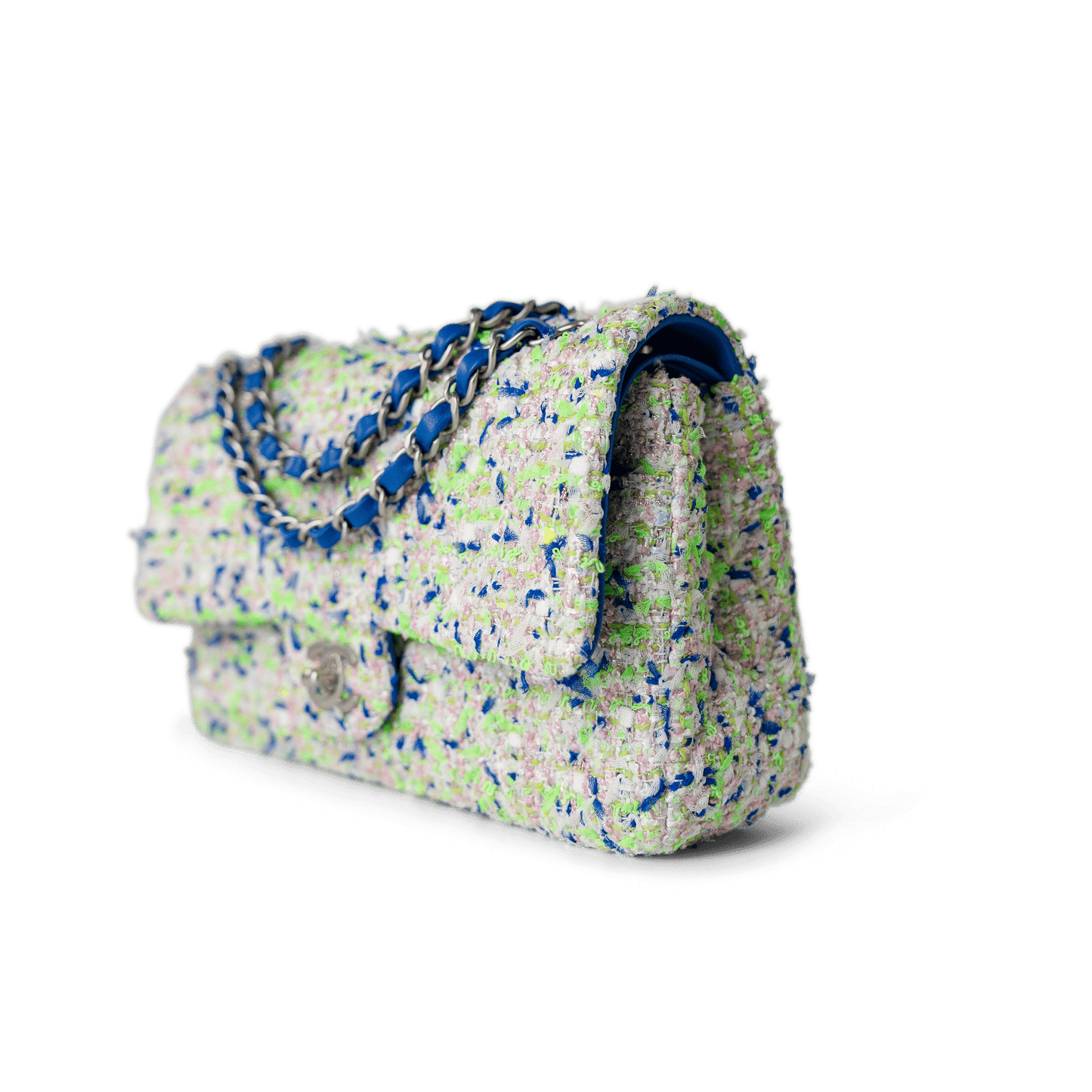23S White Blue Green Tweed Quilted Classic Flap Medium