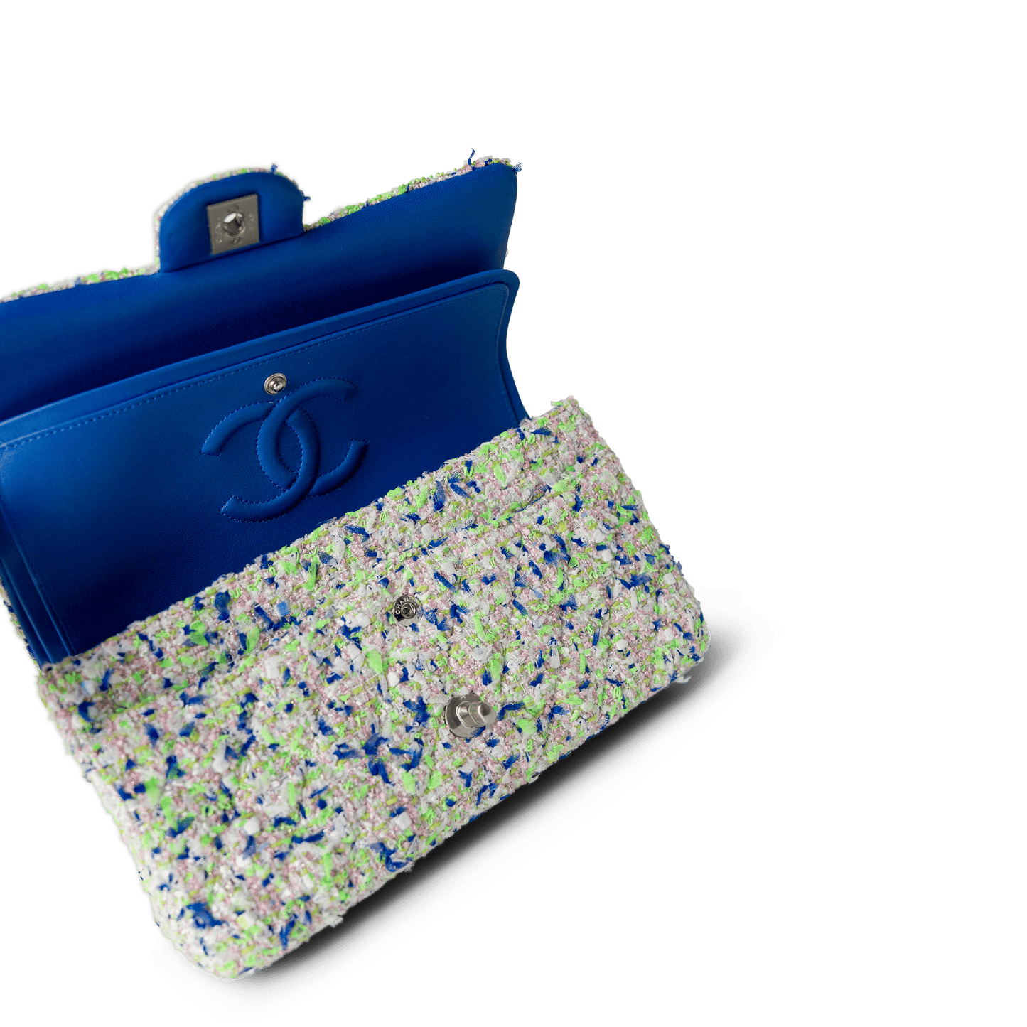 23S White Blue Green Tweed Quilted Classic Flap Medium