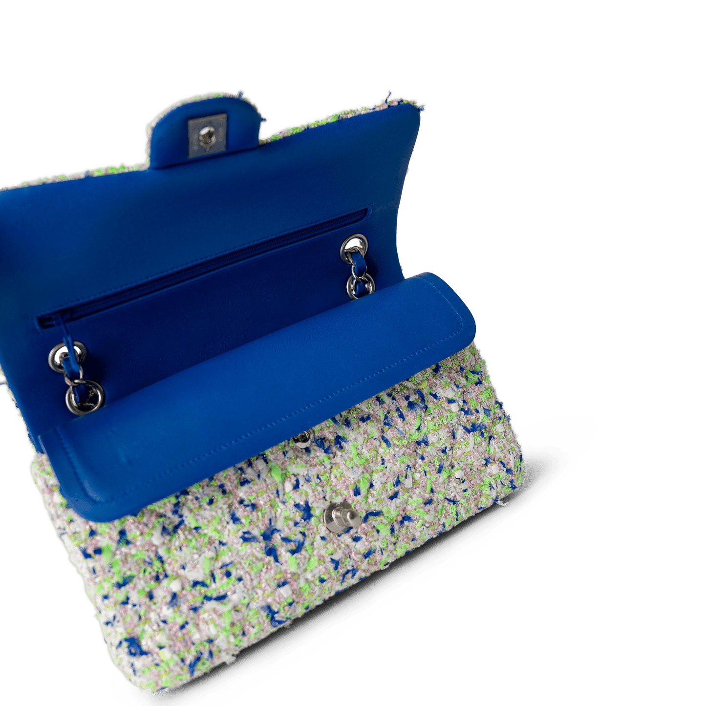 23S White Blue Green Tweed Quilted Classic Flap Medium