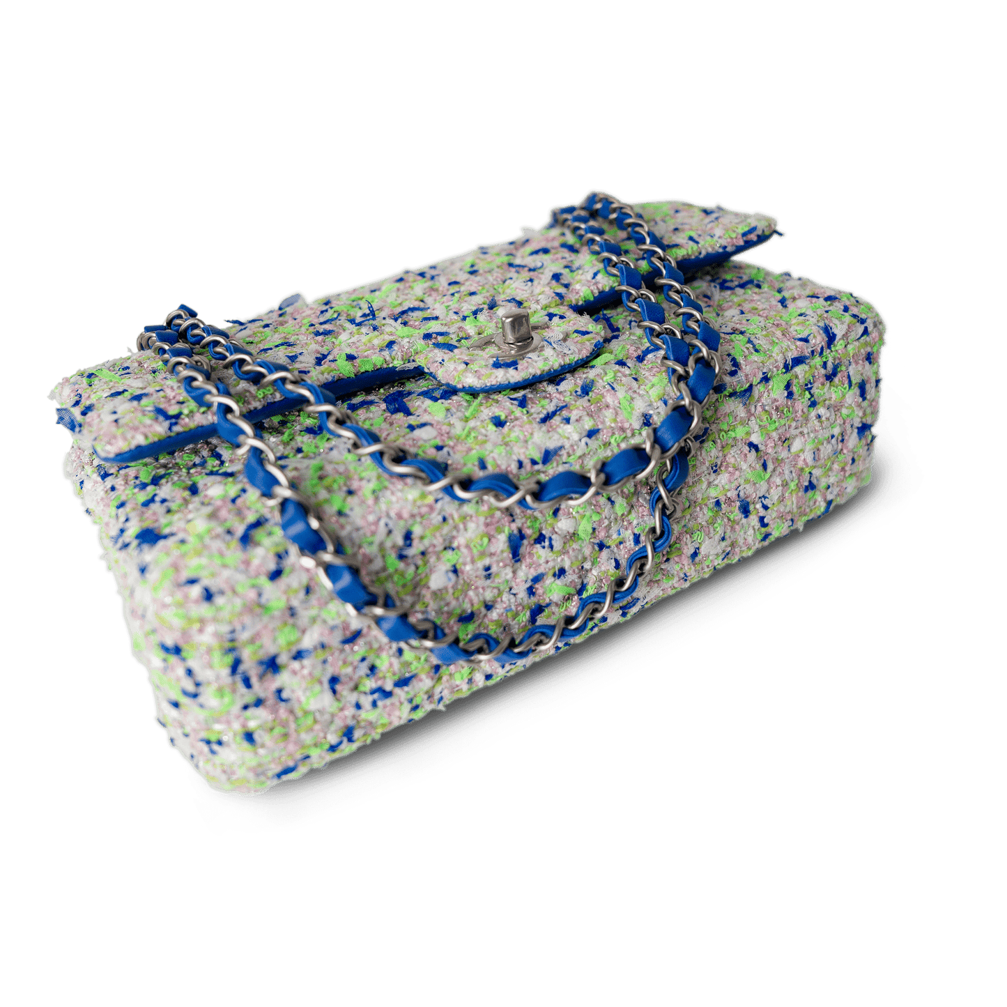 23S White Blue Green Tweed Quilted Classic Flap Medium